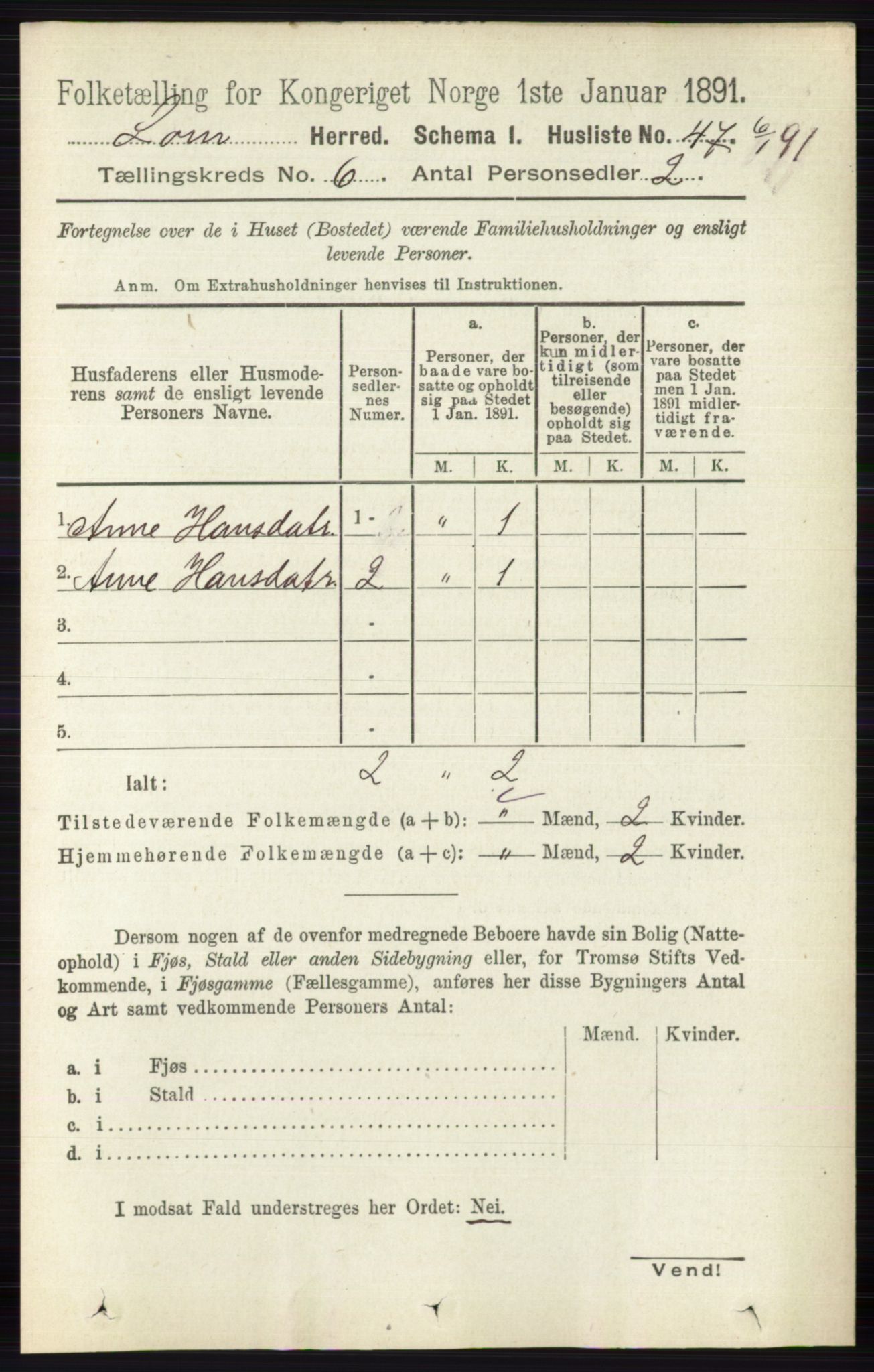 RA, Folketelling 1891 for 0514 Lom herred, 1891, s. 2350