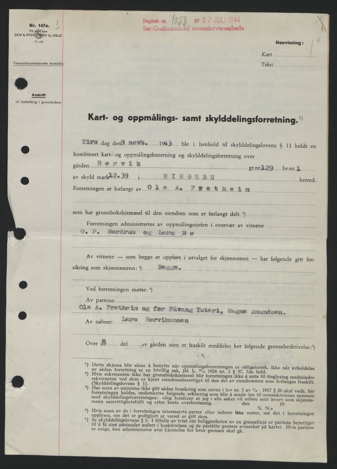 Sør-Gudbrandsdal tingrett, SAH/TING-004/H/Hb/Hbd/L0013: Pantebok nr. A13, 1944-1944, Dagboknr: 1058/1944