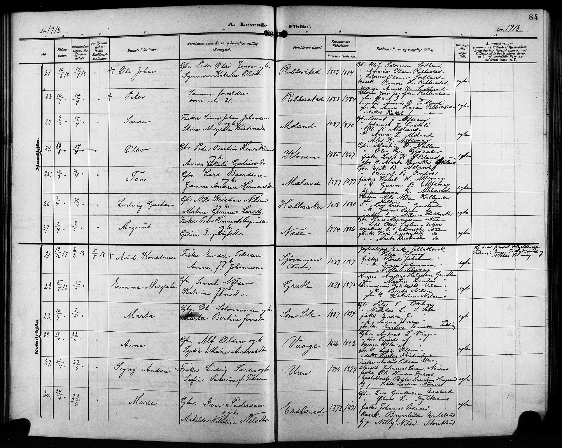 Finnås sokneprestembete, AV/SAB-A-99925/H/Ha/Hab/Habb/L0005: Klokkerbok nr. B 5, 1907-1920, s. 84
