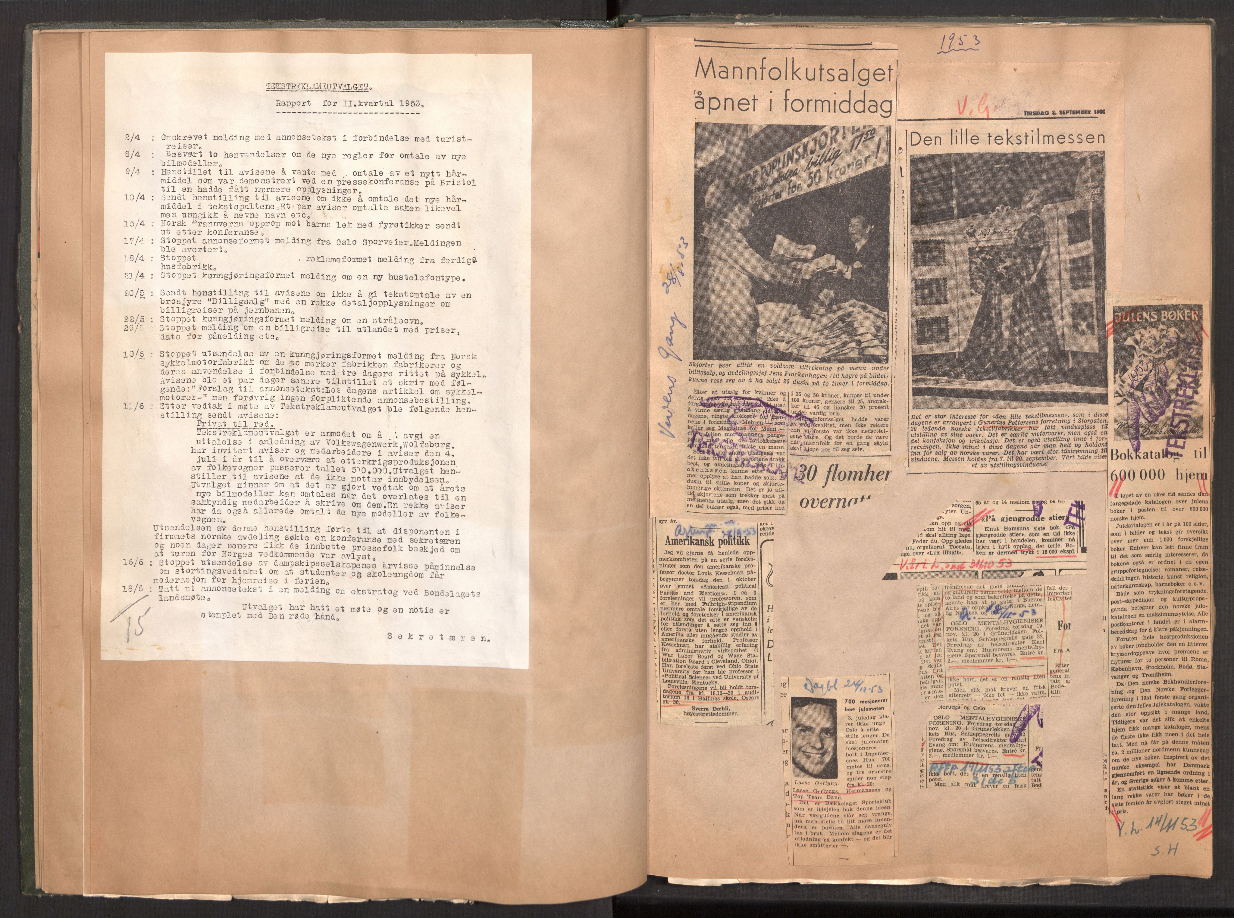 Tekstreklameutvalget, AV/RA-PA-0854/A/Aa/L0005: Kvartalsrapporter om virksomheten, 1952-1960