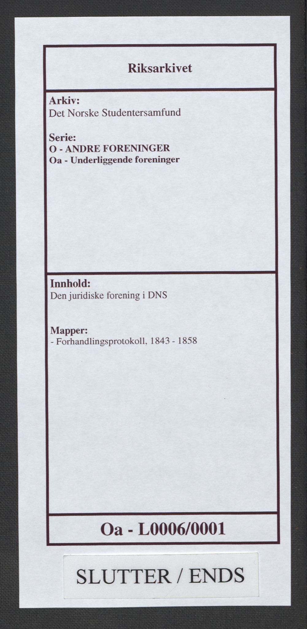 Det Norske Studentersamfund, AV/RA-PA-1322/O/Oa/L0006/0001: Den juridiske forening i DNS / Forhandlingsprotokoll, 1843-1858