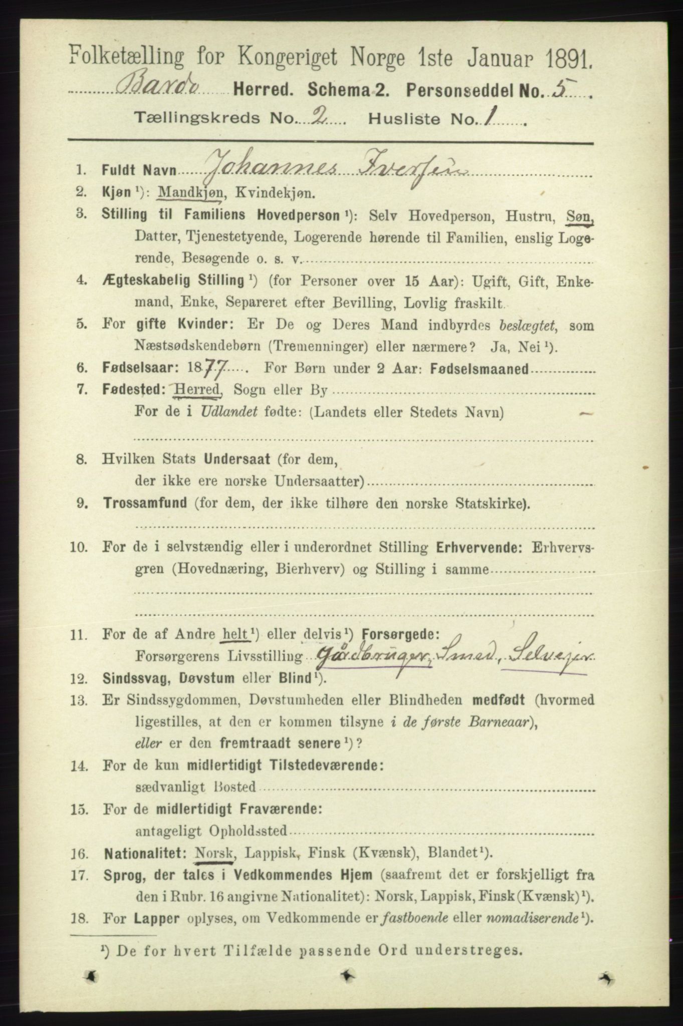RA, Folketelling 1891 for 1922 Bardu herred, 1891, s. 489