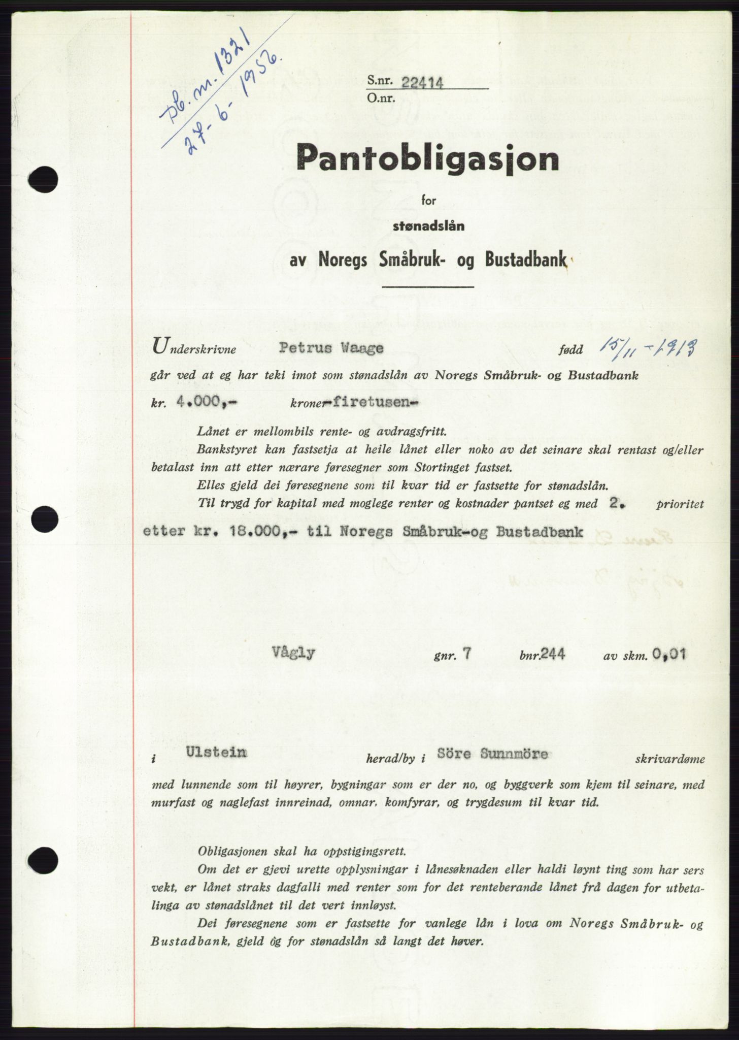 Søre Sunnmøre sorenskriveri, SAT/A-4122/1/2/2C/L0128: Pantebok nr. 16B, 1956-1956, Dagboknr: 1321/1956