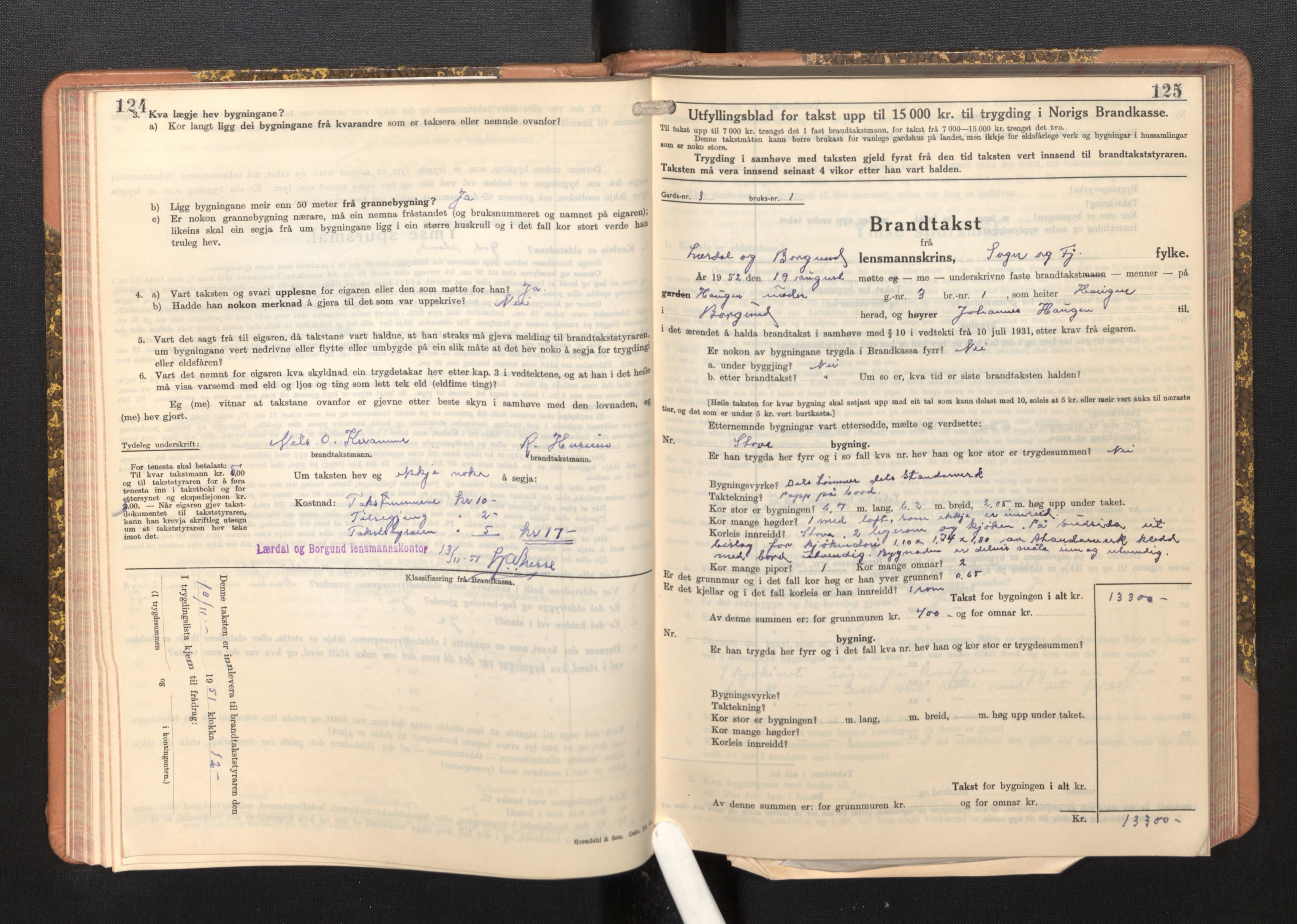 Lensmannen i Borgund, SAB/A-26601/0012/L0004: Branntakstprotokoll, skjematakst, 1937-1953, s. 124-125