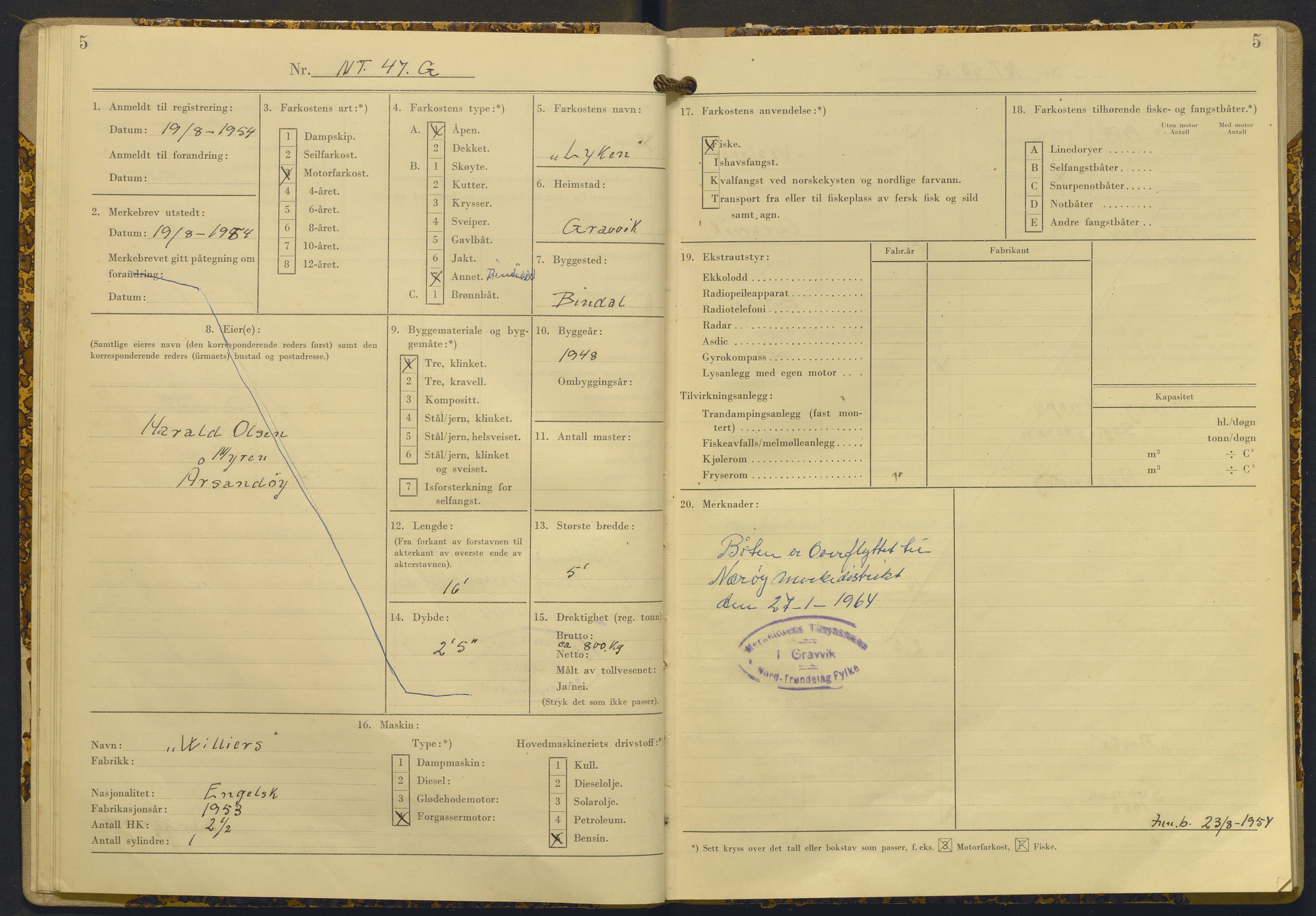 Fiskeridirektoratet - 1 Adm. ledelse - 13 Båtkontoret, AV/SAB-A-2003/I/Ia/Iad/L0014: 135.0408/3 Merkeprotokoll - Gravvik, 1954-1962