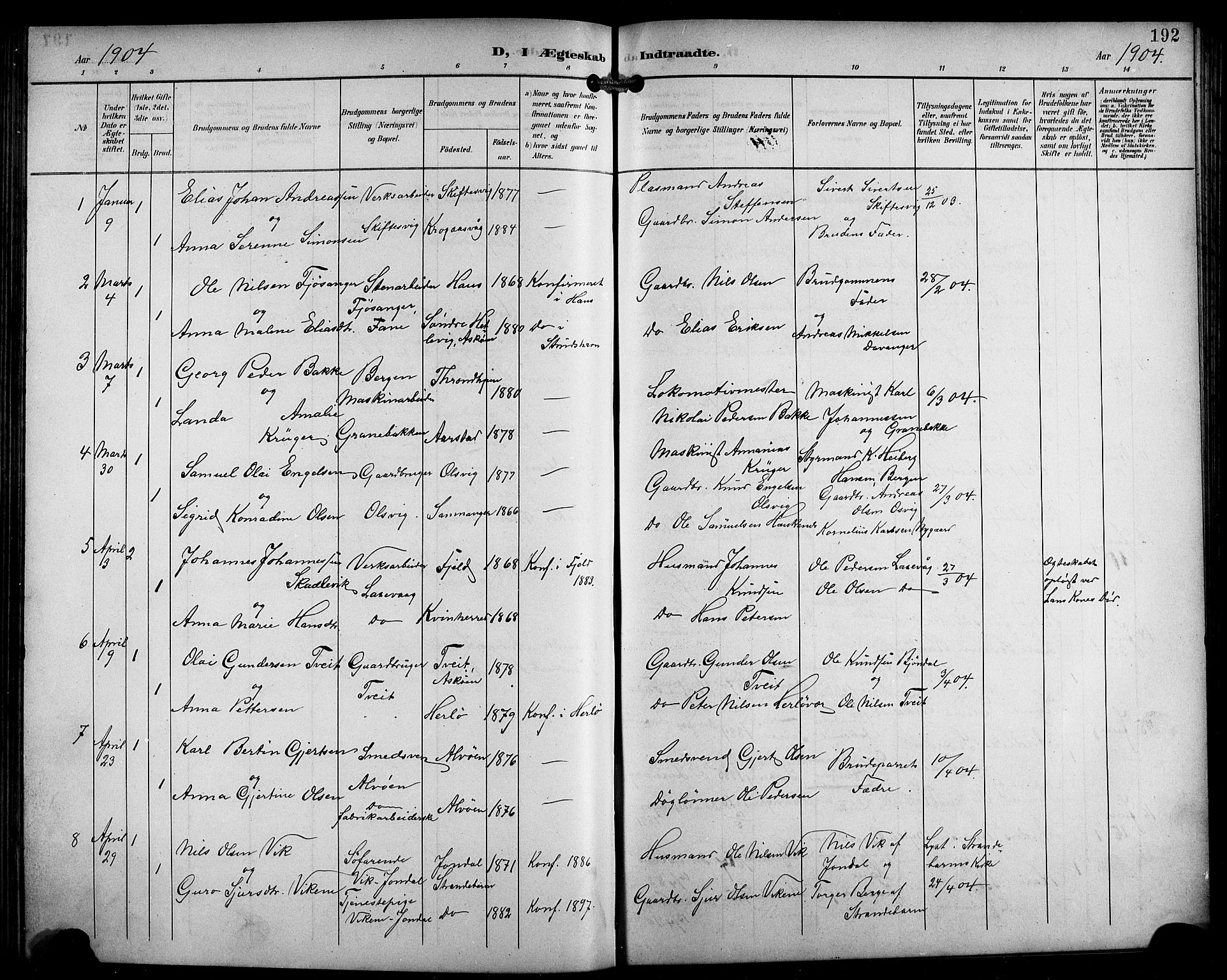 Laksevåg Sokneprestembete, AV/SAB-A-76501/H/Ha/Hab/Haba/L0004: Klokkerbok nr. A 4, 1899-1909, s. 192