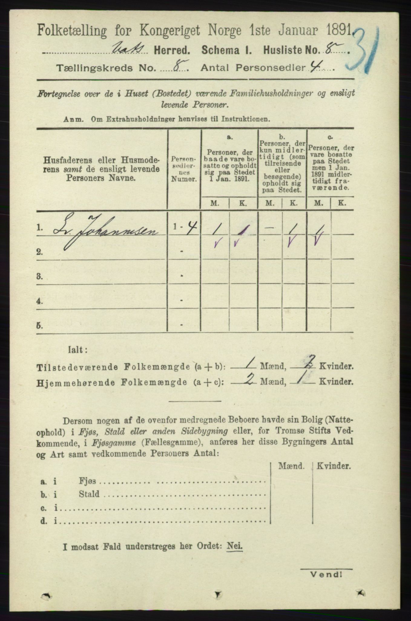 RA, Folketelling 1891 for 1155 Vats herred, 1891, s. 1309