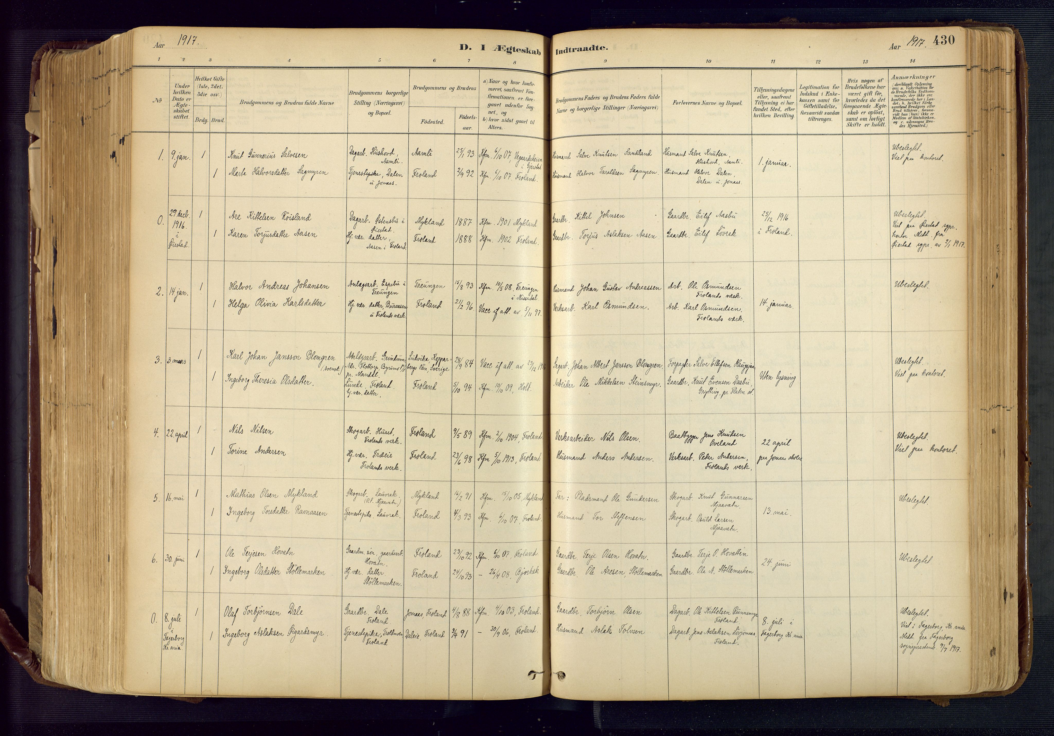 Froland sokneprestkontor, AV/SAK-1111-0013/F/Fa/L0005: Ministerialbok nr. A 5, 1882-1921, s. 430