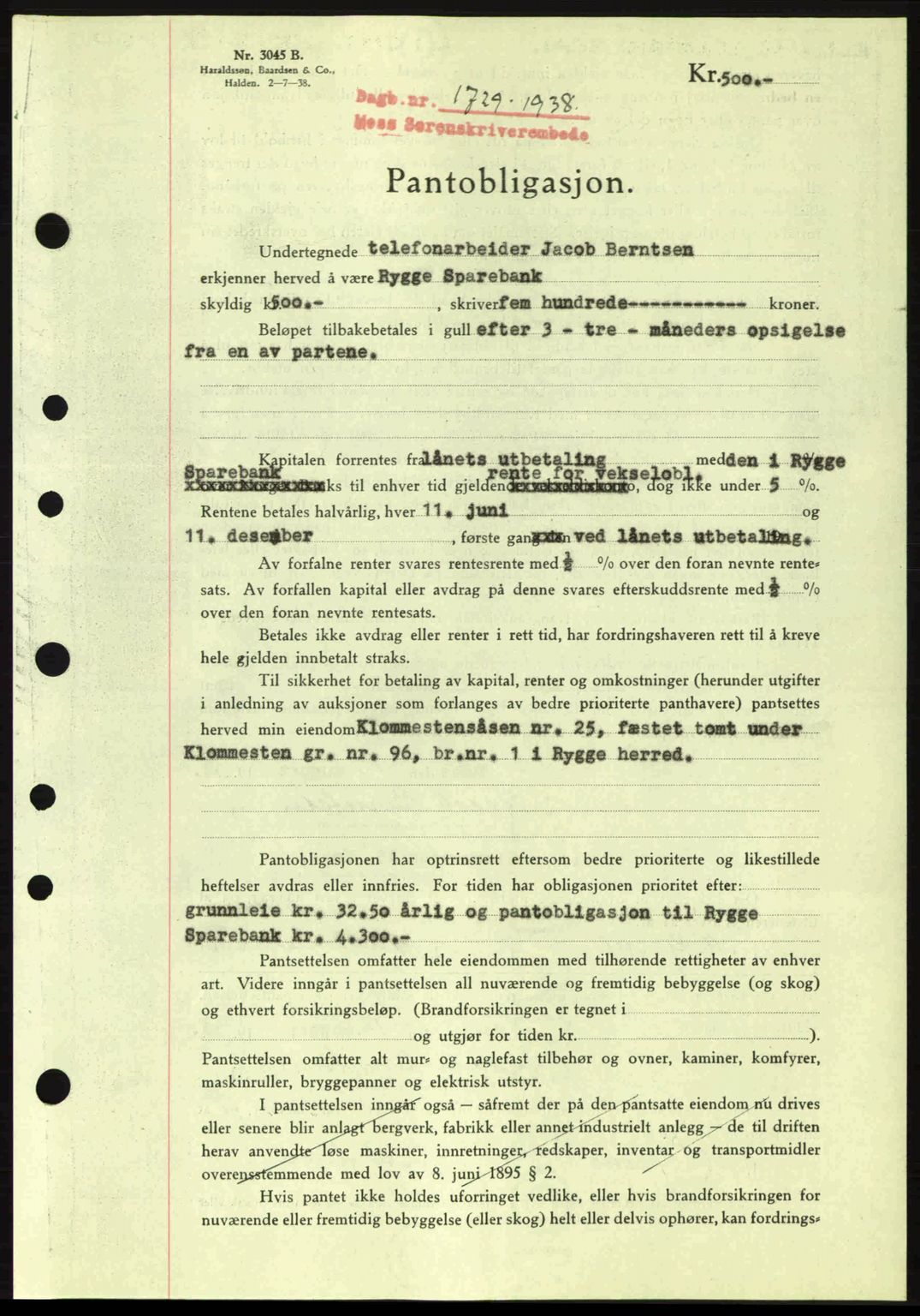 Moss sorenskriveri, SAO/A-10168: Pantebok nr. B6, 1938-1938, Dagboknr: 1729/1938