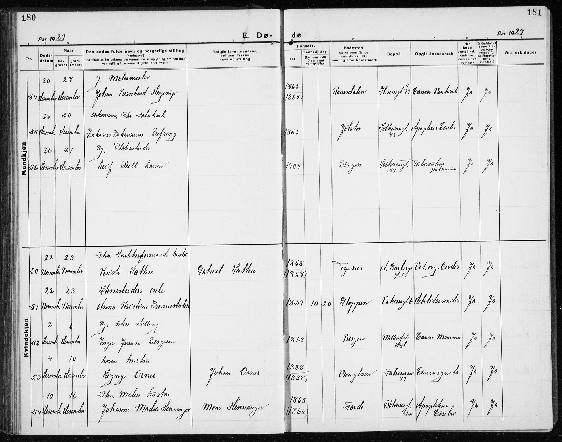 Årstad Sokneprestembete, AV/SAB-A-79301/H/Hab/L0025: Klokkerbok nr. D 2, 1922-1940, s. 180-181