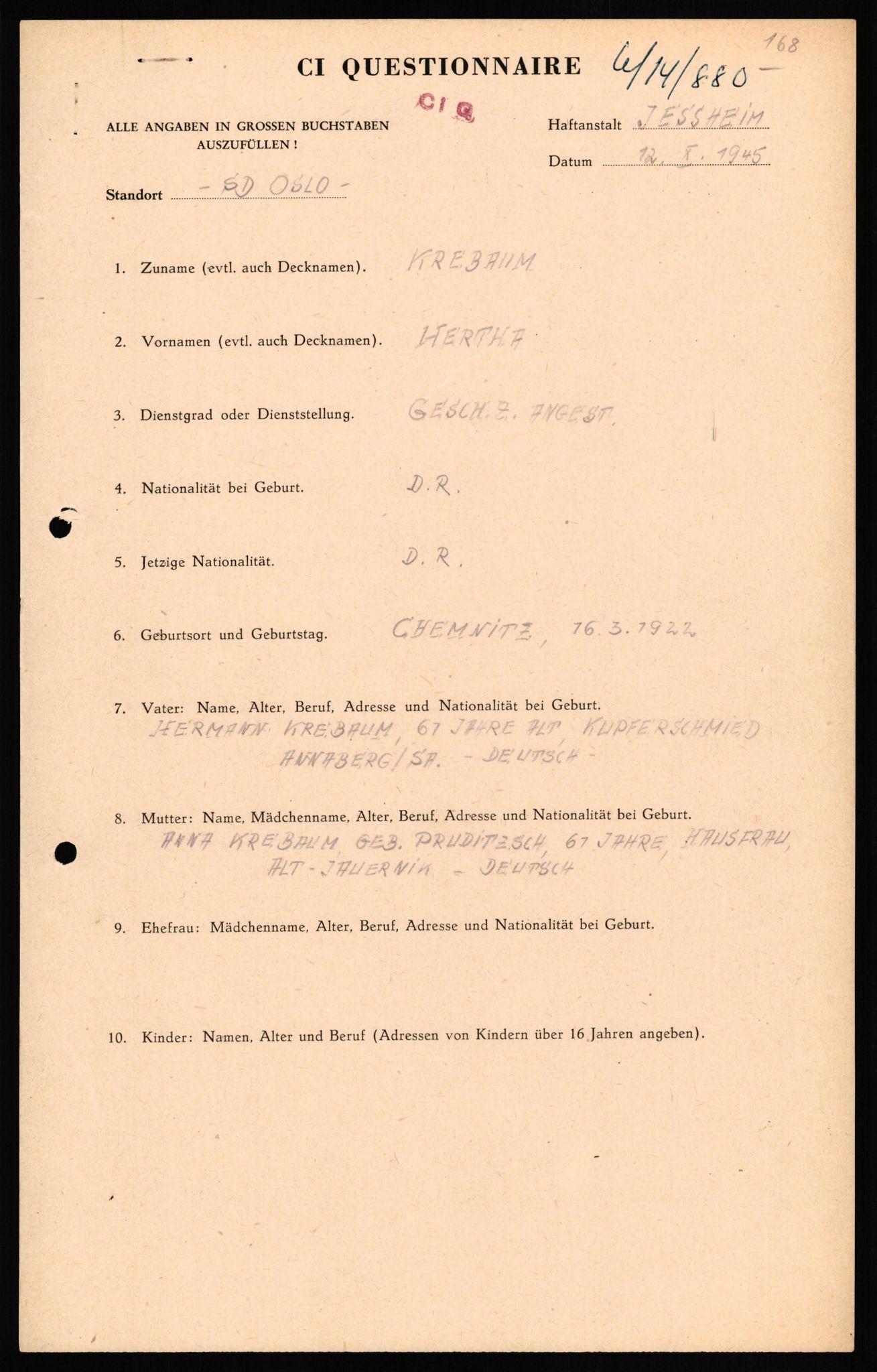 Forsvaret, Forsvarets overkommando II, AV/RA-RAFA-3915/D/Db/L0018: CI Questionaires. Tyske okkupasjonsstyrker i Norge. Tyskere., 1945-1946, s. 119