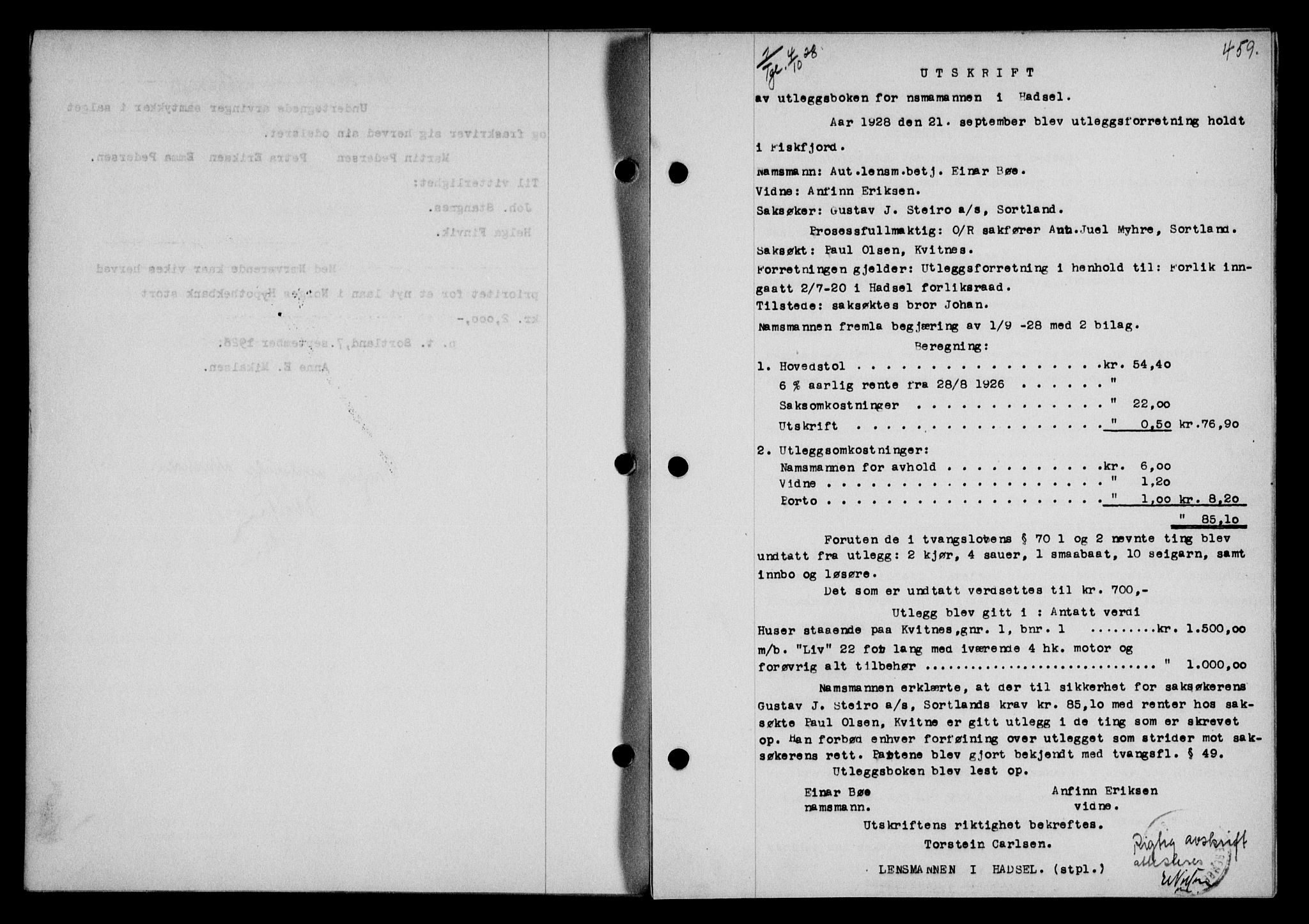 Vesterålen sorenskriveri, SAT/A-4180/1/2/2Ca/L0046: Pantebok nr. 39, 1928-1928, Tingl.dato: 04.10.1928
