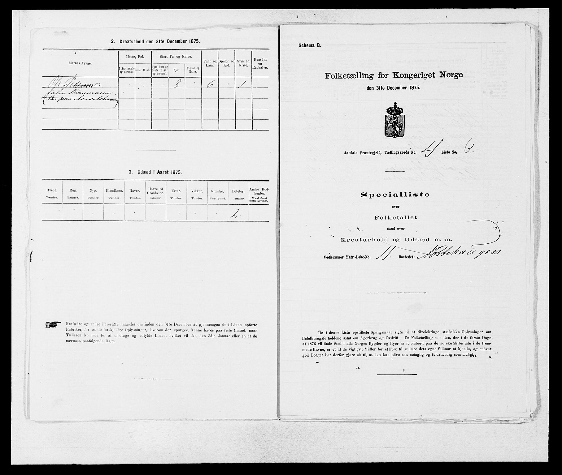 SAB, Folketelling 1875 for 1424P Årdal prestegjeld, 1875, s. 399