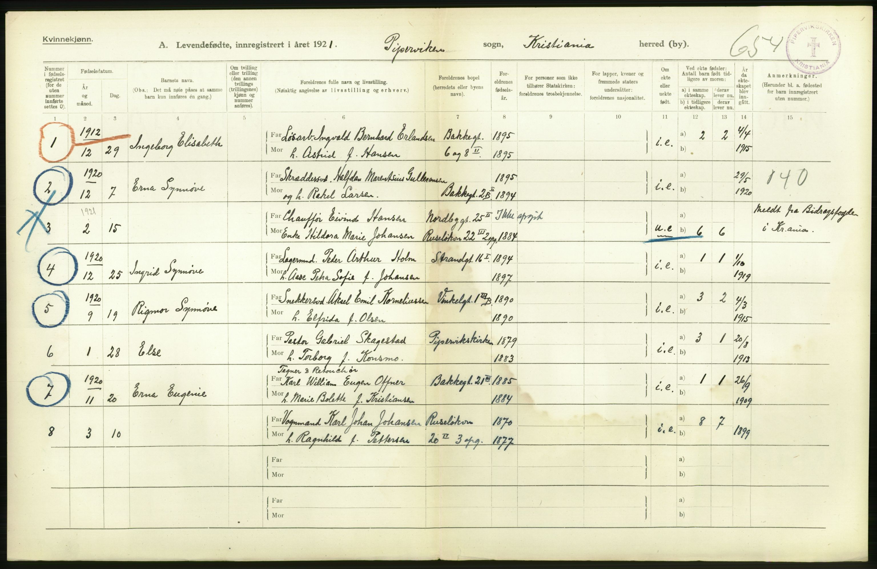 Statistisk sentralbyrå, Sosiodemografiske emner, Befolkning, RA/S-2228/D/Df/Dfc/Dfca/L0009: Kristiania: Levendefødte menn og kvinner., 1921, s. 328