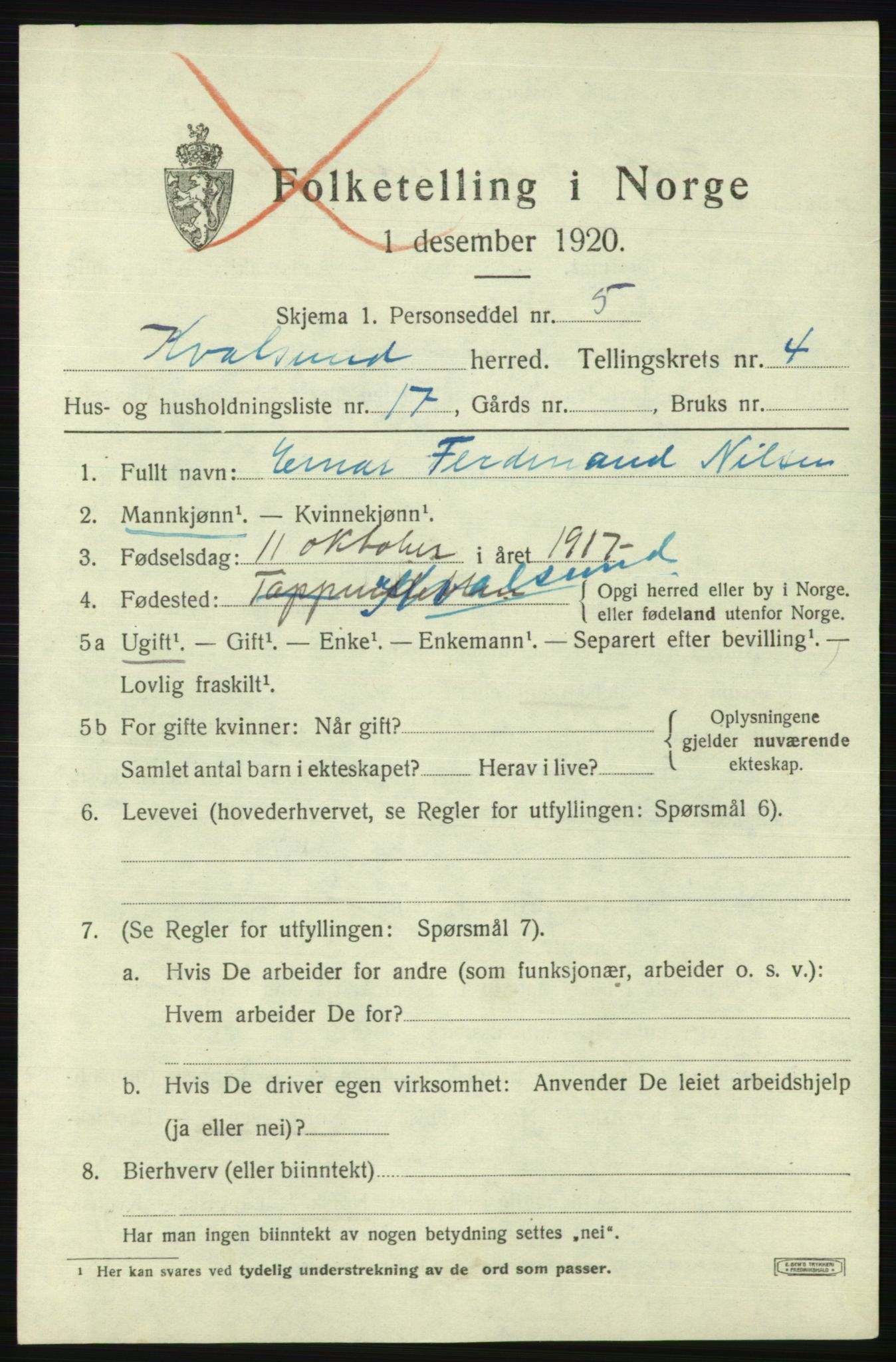 SATØ, Folketelling 1920 for 2017 Kvalsund herred, 1920, s. 1576