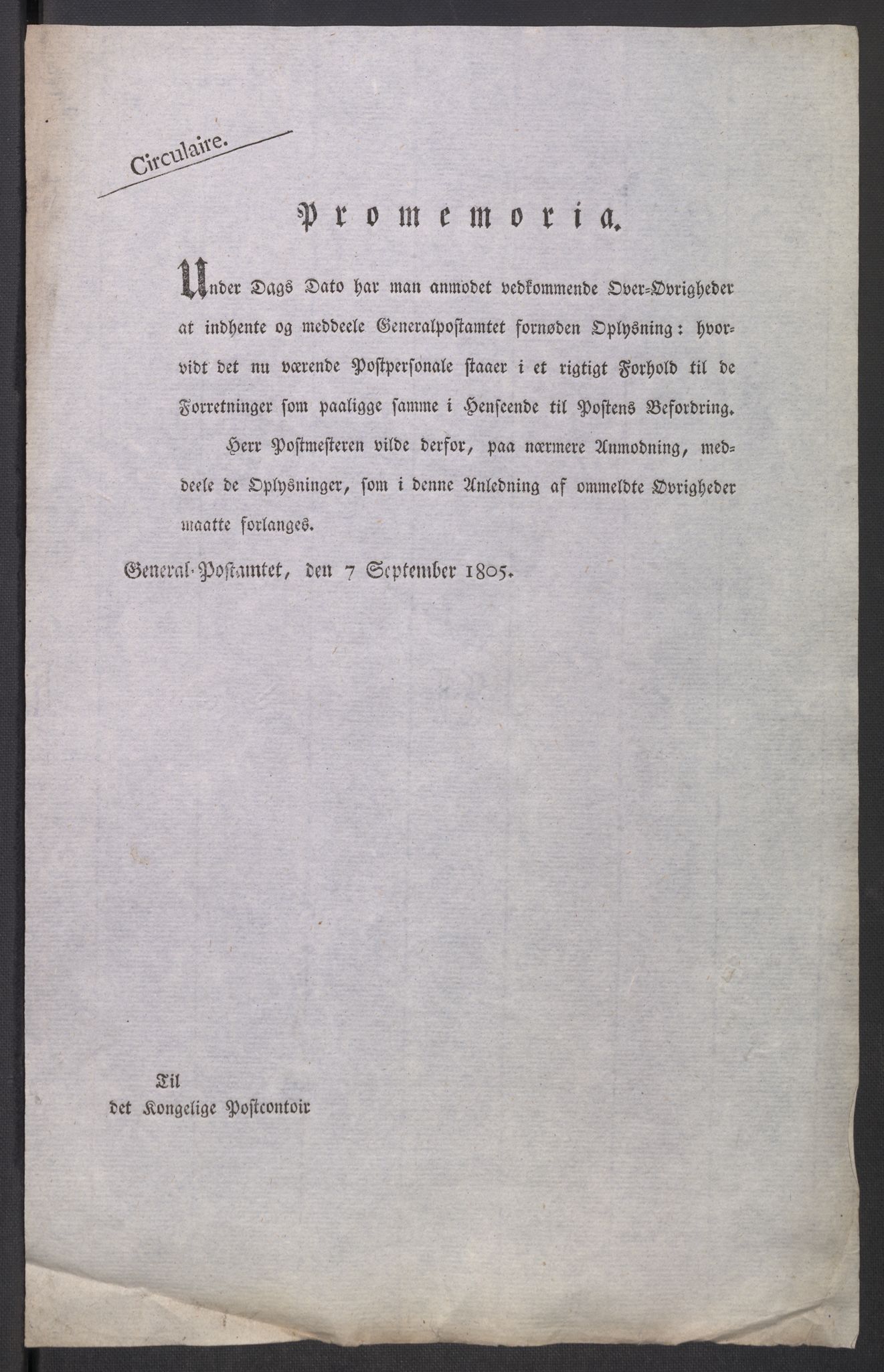 Generalpostdireksjonen 1719-1814, AV/RA-EA-3108/E/L0037/0001: Forskjellig angående postveier, embetssøknader, postryttere m.m.: / Nr. 35: Innberetninger om postveienes tilstand og betenkninger om postgangens tid, 1805