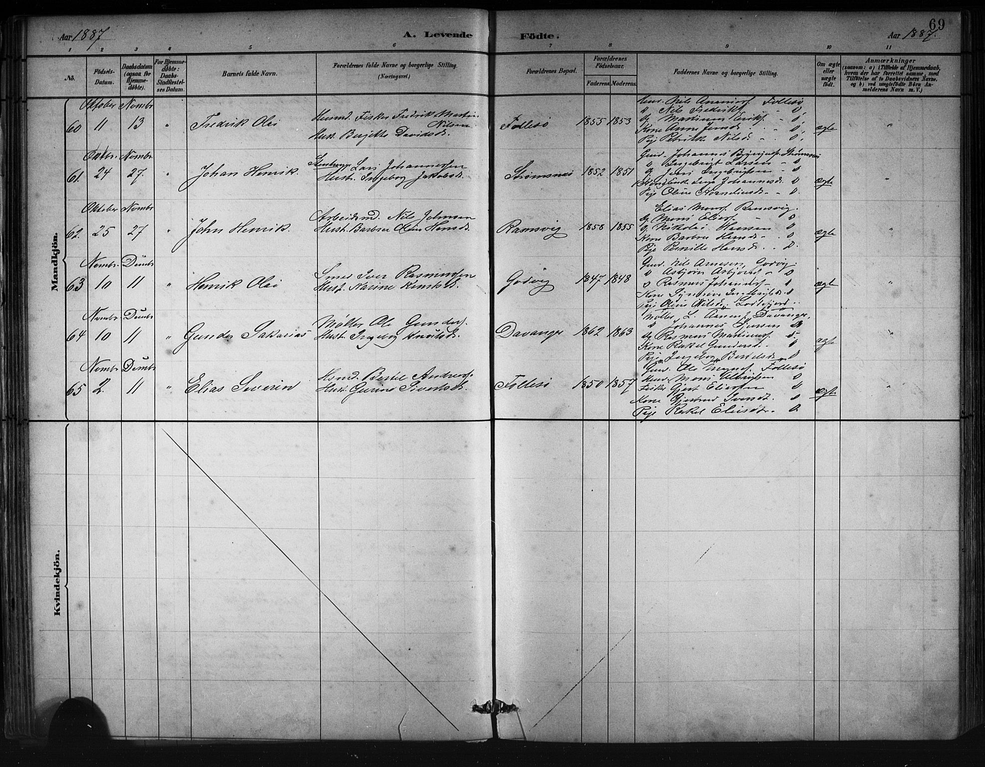 Askøy Sokneprestembete, AV/SAB-A-74101/H/Ha/Hab/Haba/L0008: Klokkerbok nr. A 8, 1882-1893, s. 69
