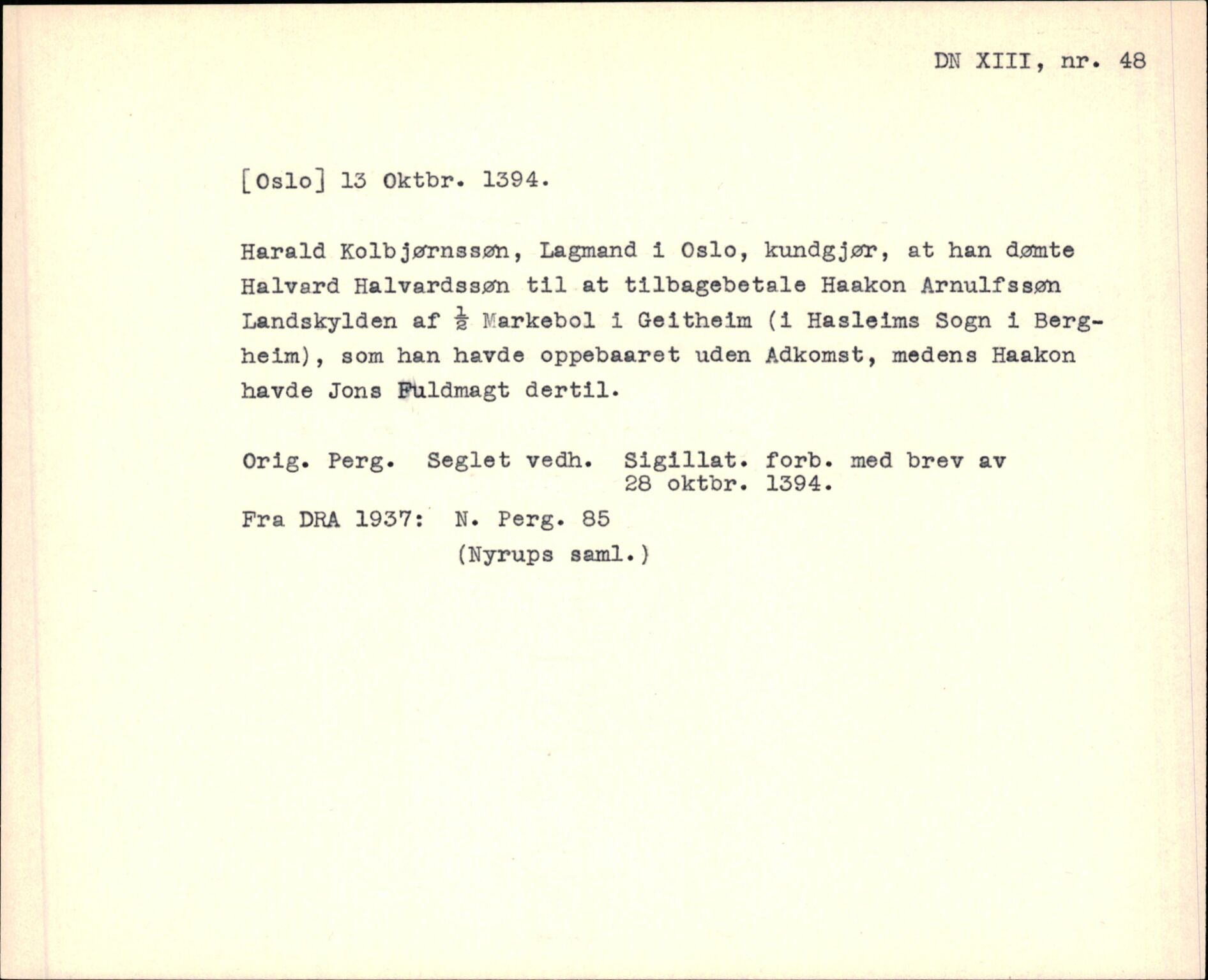 Riksarkivets diplomsamling, AV/RA-EA-5965/F35/F35f/L0003: Regestsedler: Diplomer fra DRA 1937 og 1996, s. 193