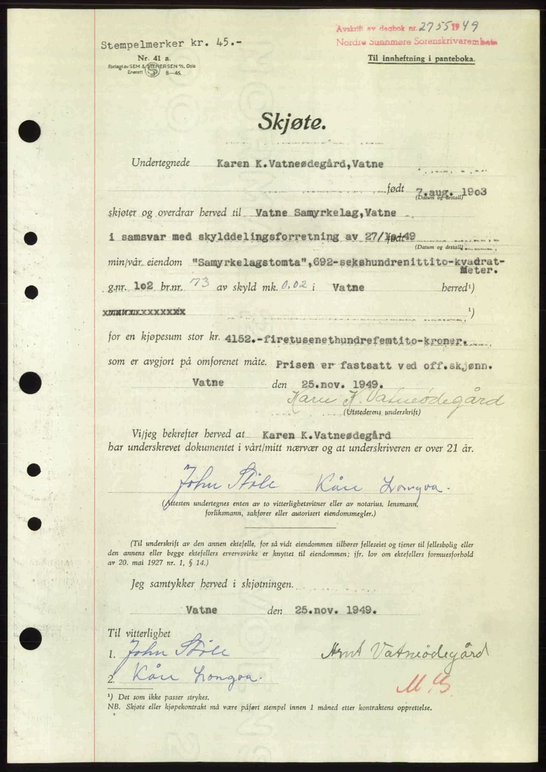 Nordre Sunnmøre sorenskriveri, SAT/A-0006/1/2/2C/2Ca: Pantebok nr. A33, 1949-1950, Dagboknr: 2755/1949