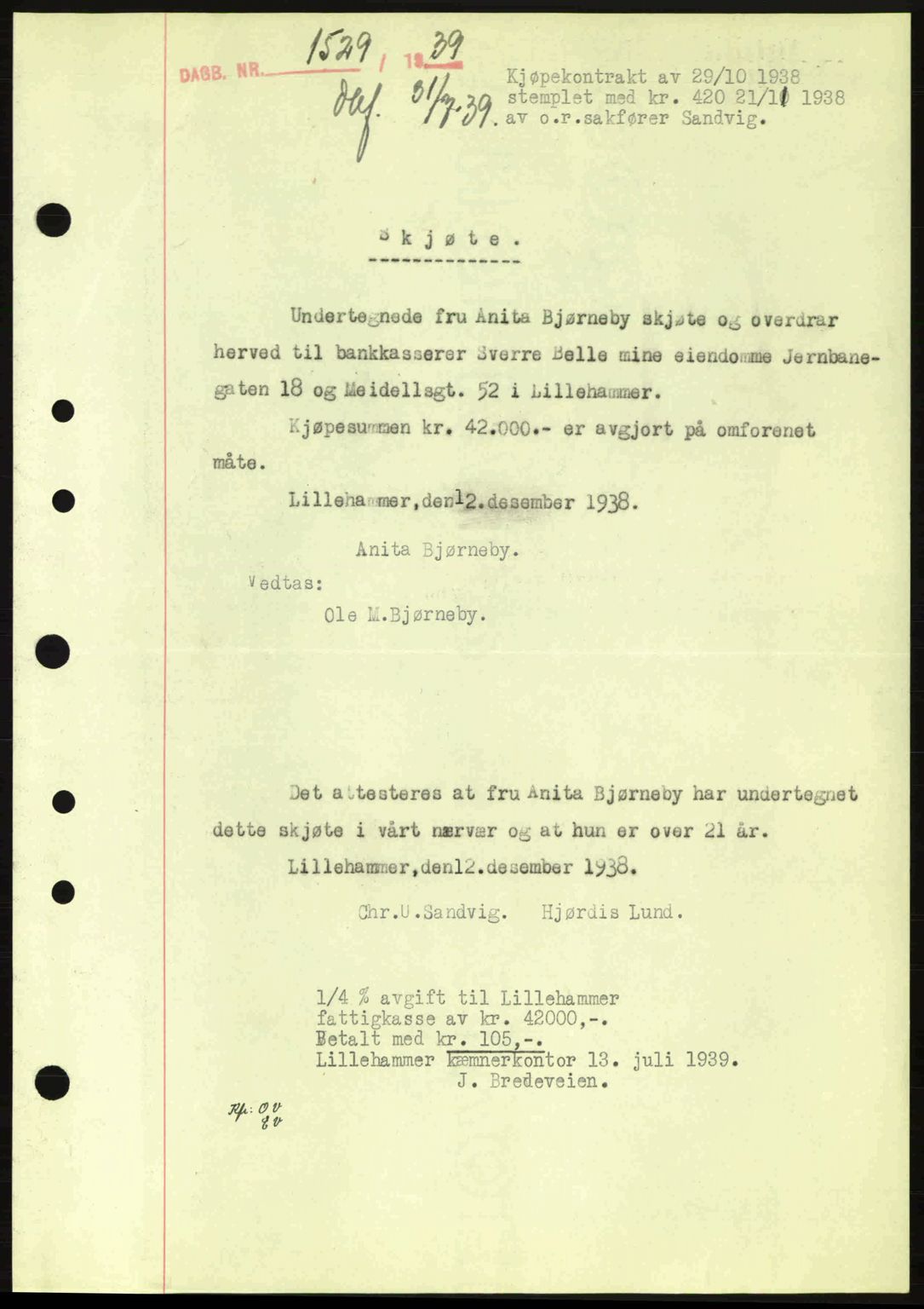 Sør-Gudbrandsdal tingrett, SAH/TING-004/H/Hb/Hbd/L0006: Pantebok nr. A6, 1939-1939, Dagboknr: 1529/1939