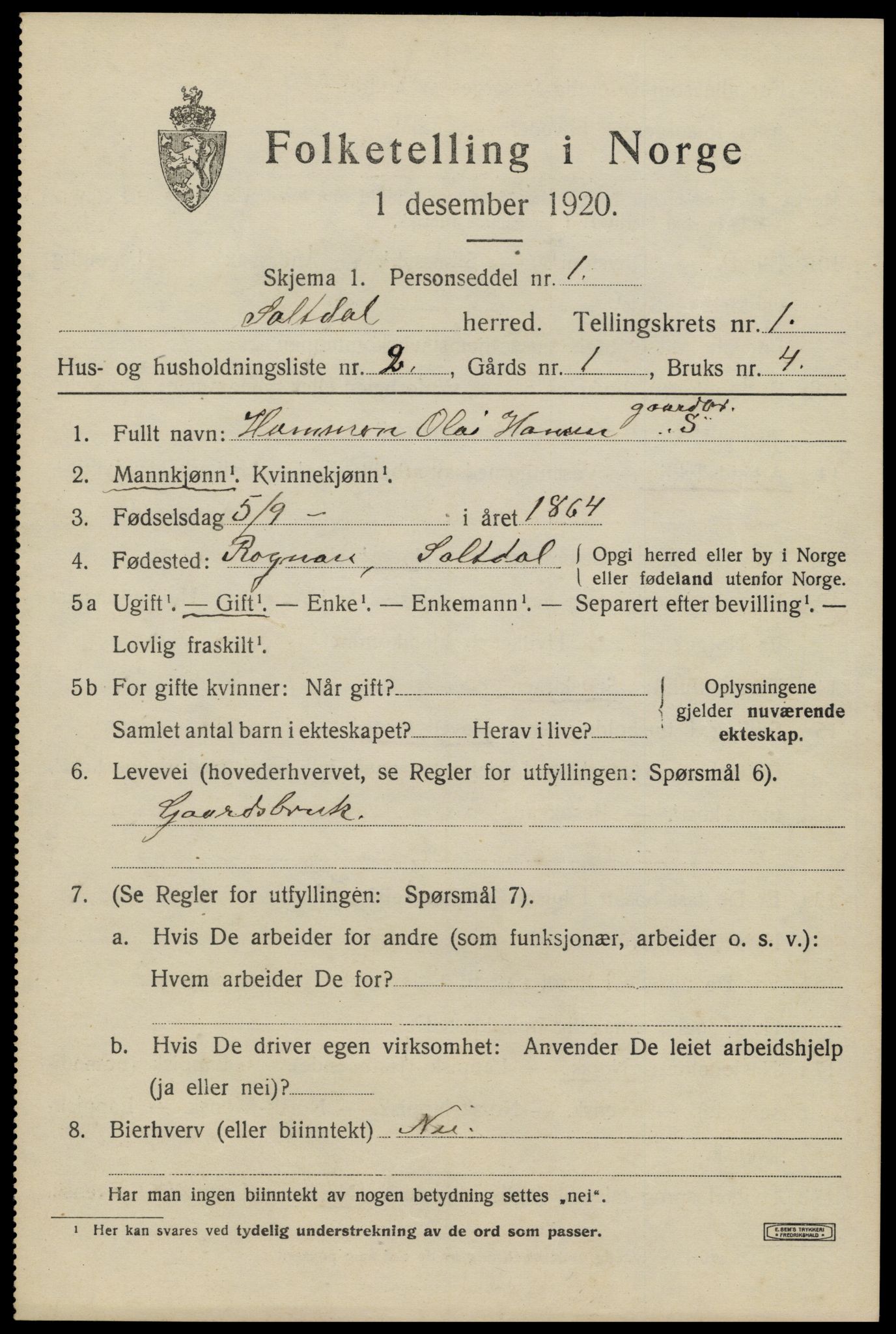 SAT, Folketelling 1920 for 1840 Saltdal herred, 1920, s. 1243