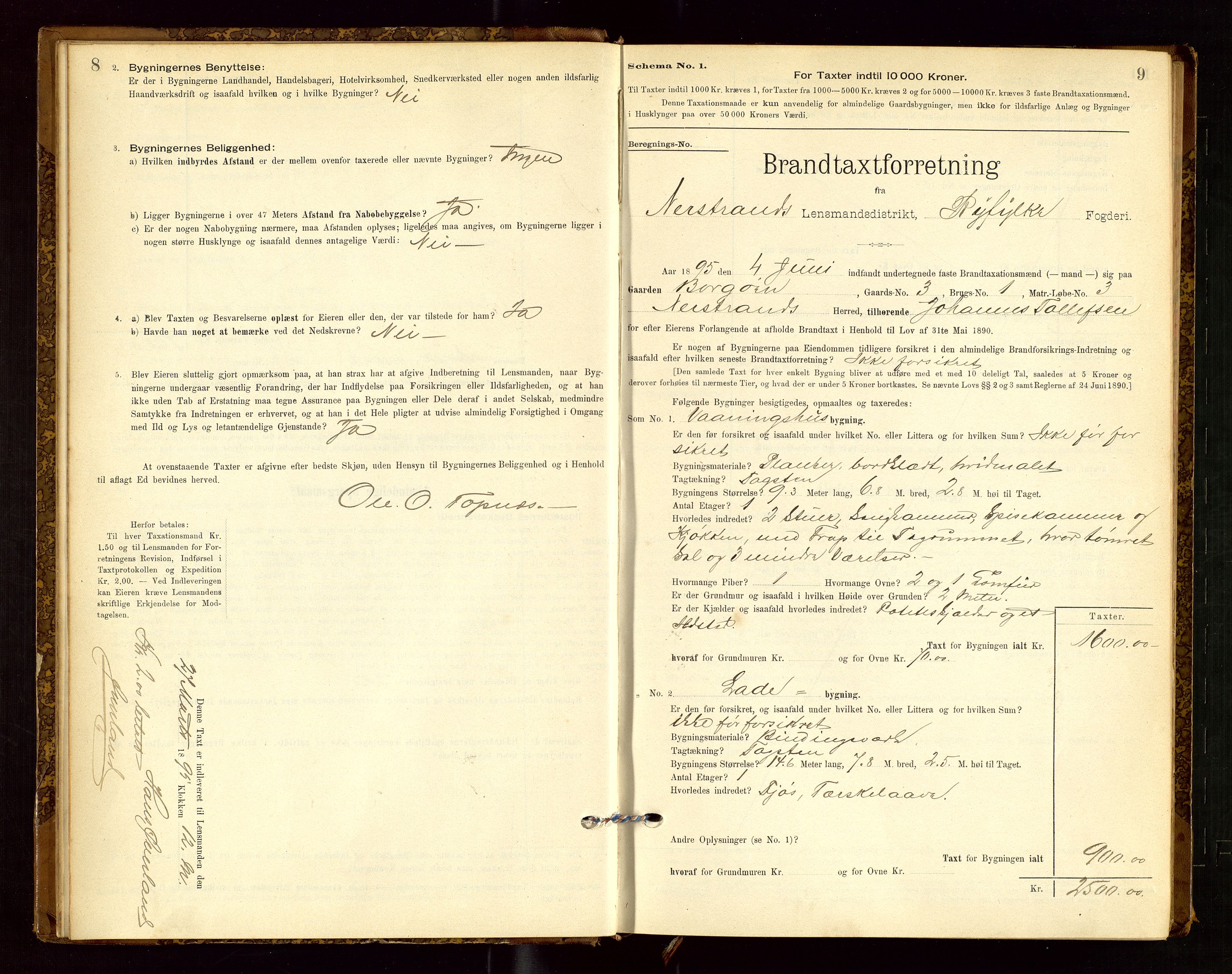 Nedstrand lensmannskontor, SAST/A-100236/Gob/L0001: "Brandtaxationsprotokol for Nerstrand Lensmandsdistrikt Ryfylke fogderi", 1895-1915, s. 8-9
