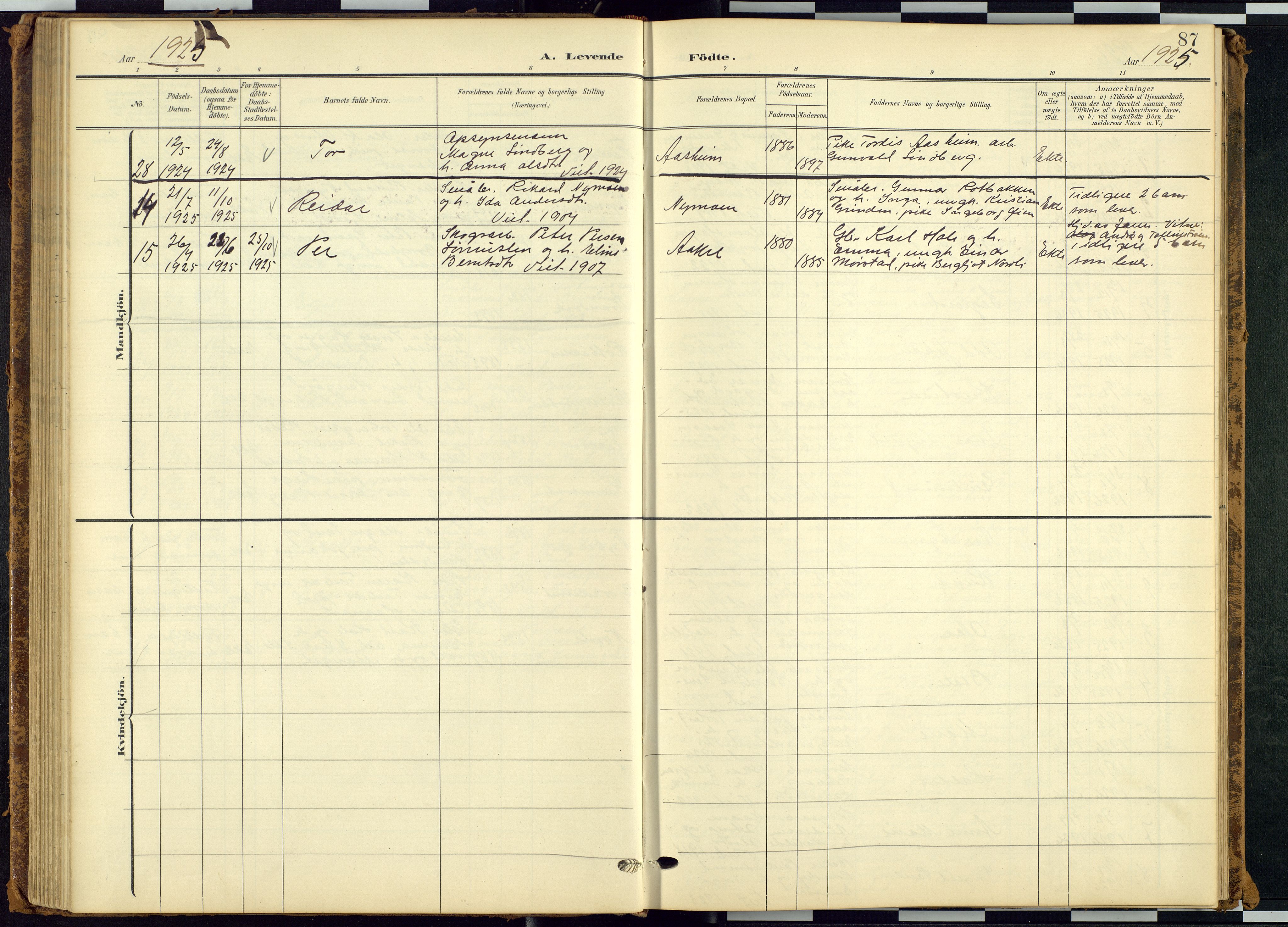 Rendalen prestekontor, SAH/PREST-054/H/Ha/Hab/L0010: Klokkerbok nr. 10, 1903-1940, s. 87