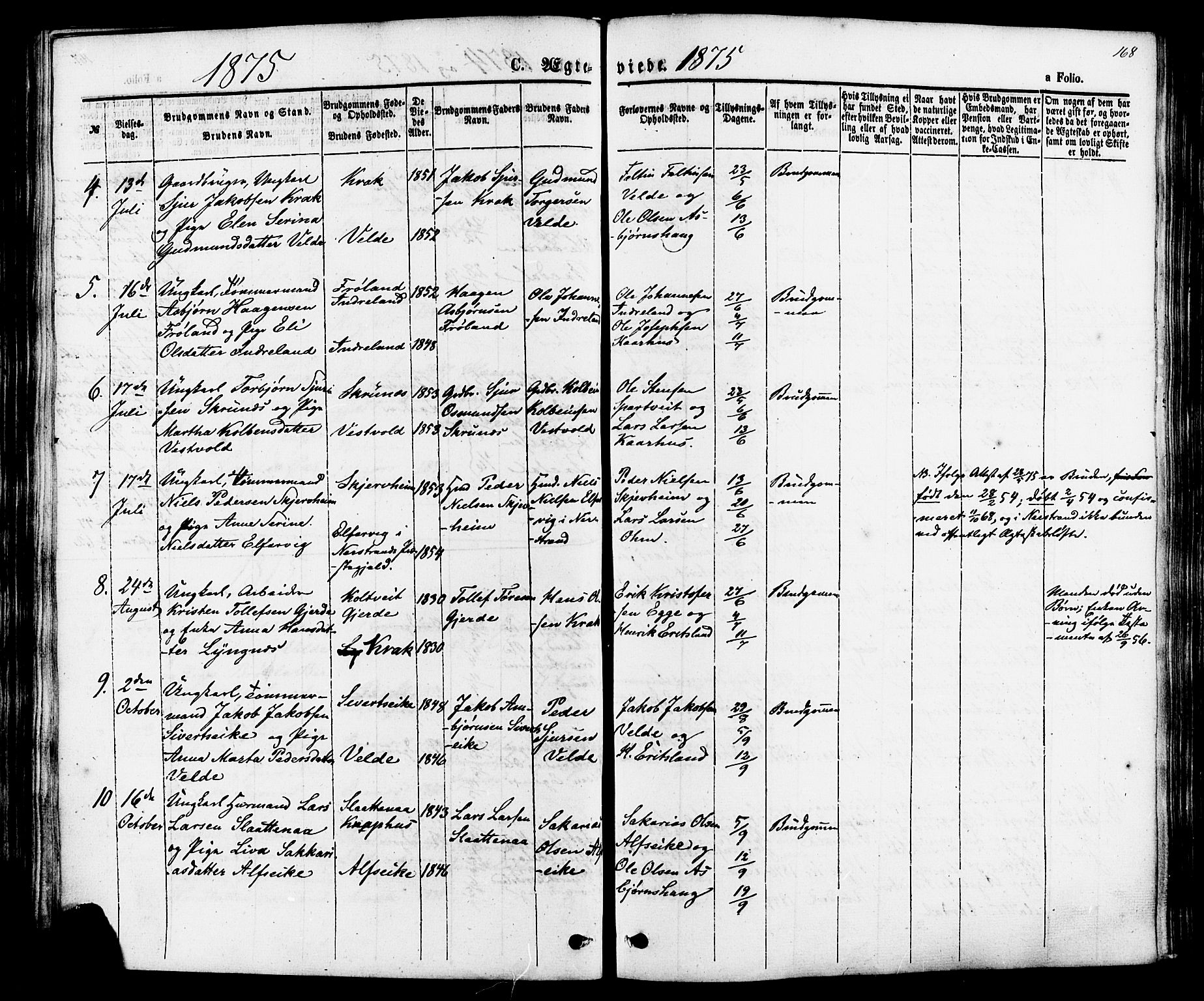 Skjold sokneprestkontor, AV/SAST-A-101847/H/Ha/Haa/L0007: Ministerialbok nr. A 7, 1857-1882, s. 168