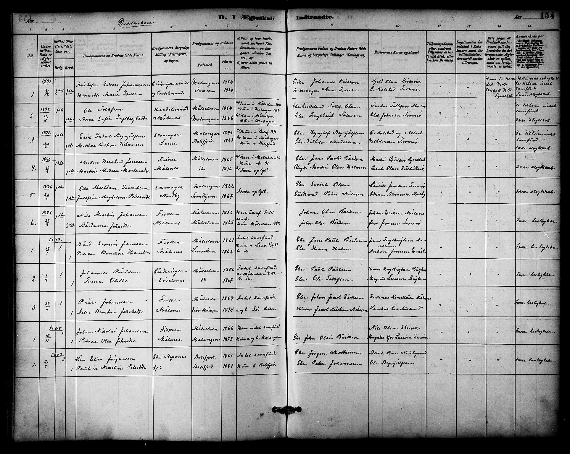 Balsfjord sokneprestembete, AV/SATØ-S-1303/G/Gab/L0003klokker: Klokkerbok nr. 3, 1887-1909, s. 154