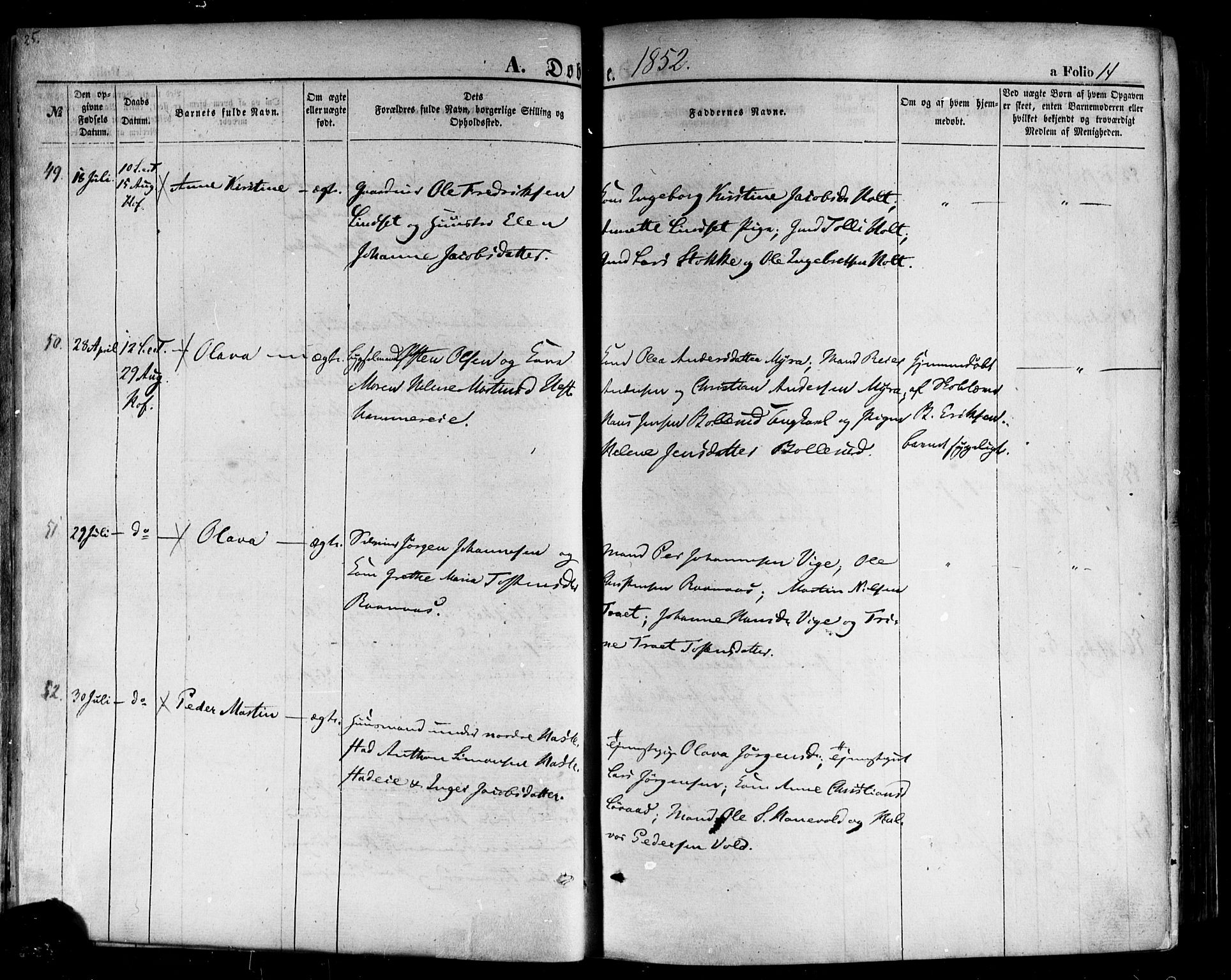 Hof kirkebøker, AV/SAKO-A-64/F/Fa/L0006: Ministerialbok nr. I 6, 1851-1877, s. 14