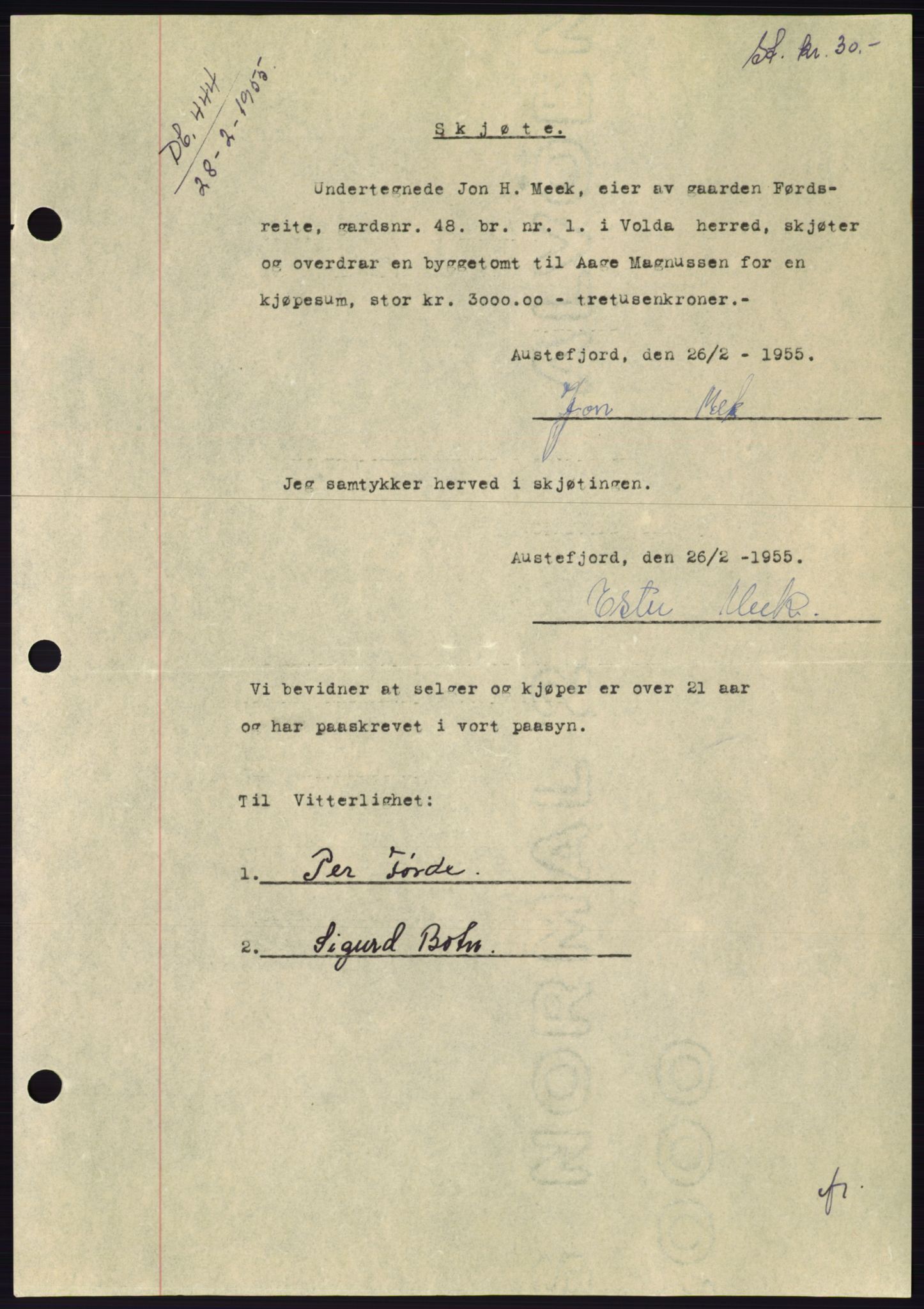 Søre Sunnmøre sorenskriveri, AV/SAT-A-4122/1/2/2C/L0100: Pantebok nr. 26A, 1954-1955, Dagboknr: 444/1955