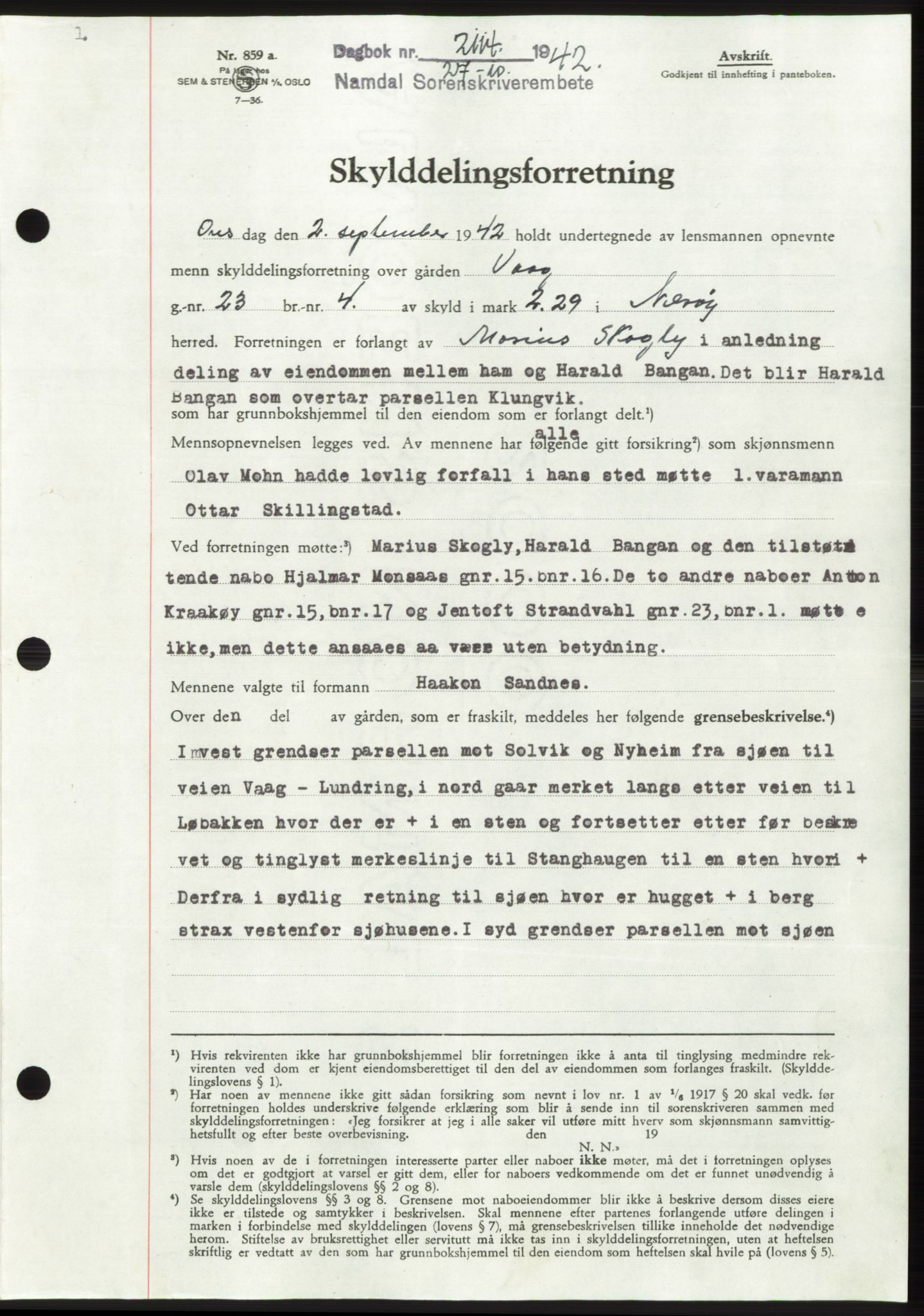 Namdal sorenskriveri, SAT/A-4133/1/2/2C: Pantebok nr. -, 1942-1943, Dagboknr: 2114/1942