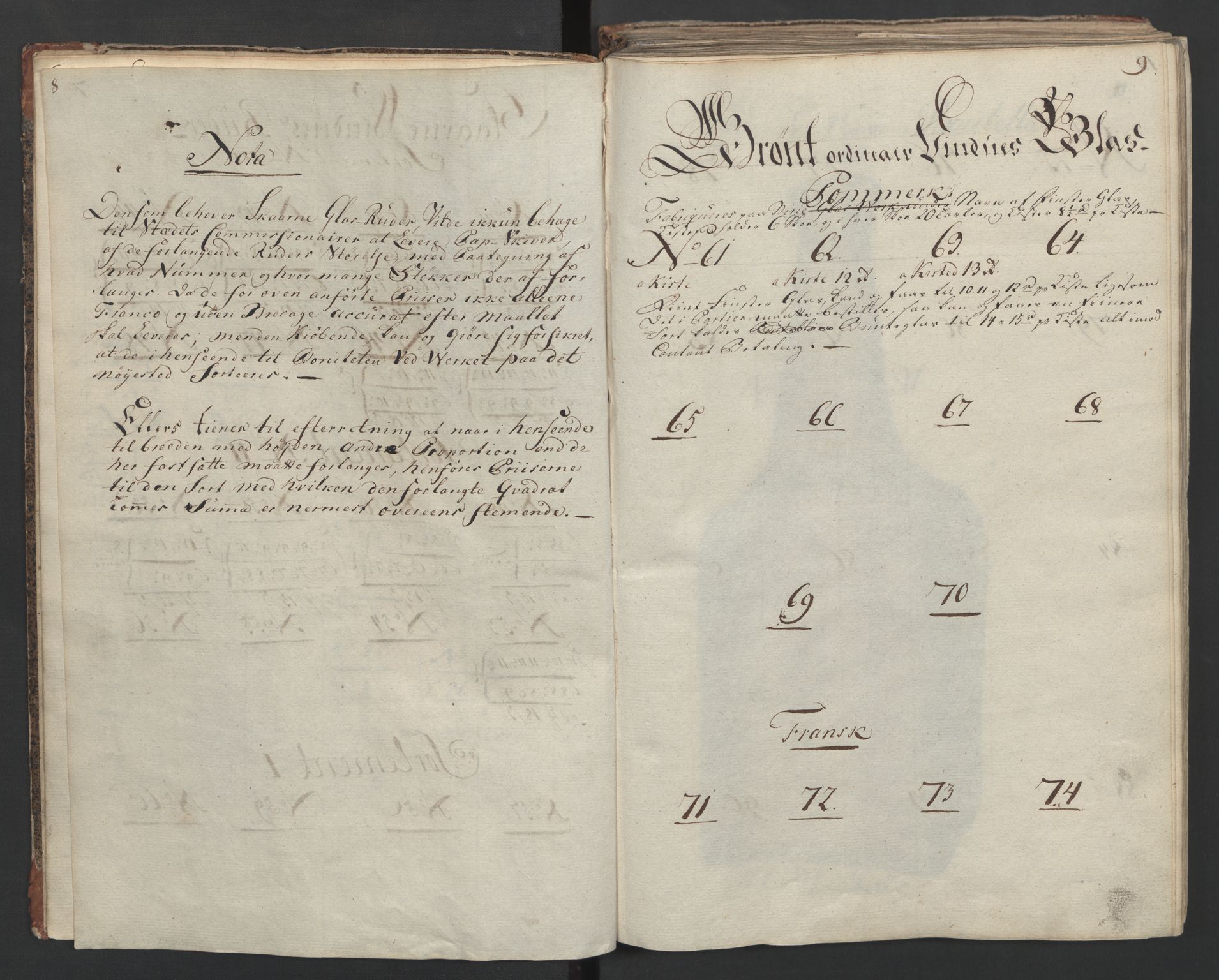 Glassverk, samlinger, AV/RA-PA-0001/F/Fa/L0036: Modellbok for Nøstetangens og Aas' produkter med prisangivelse,, 1763, s. 8-9