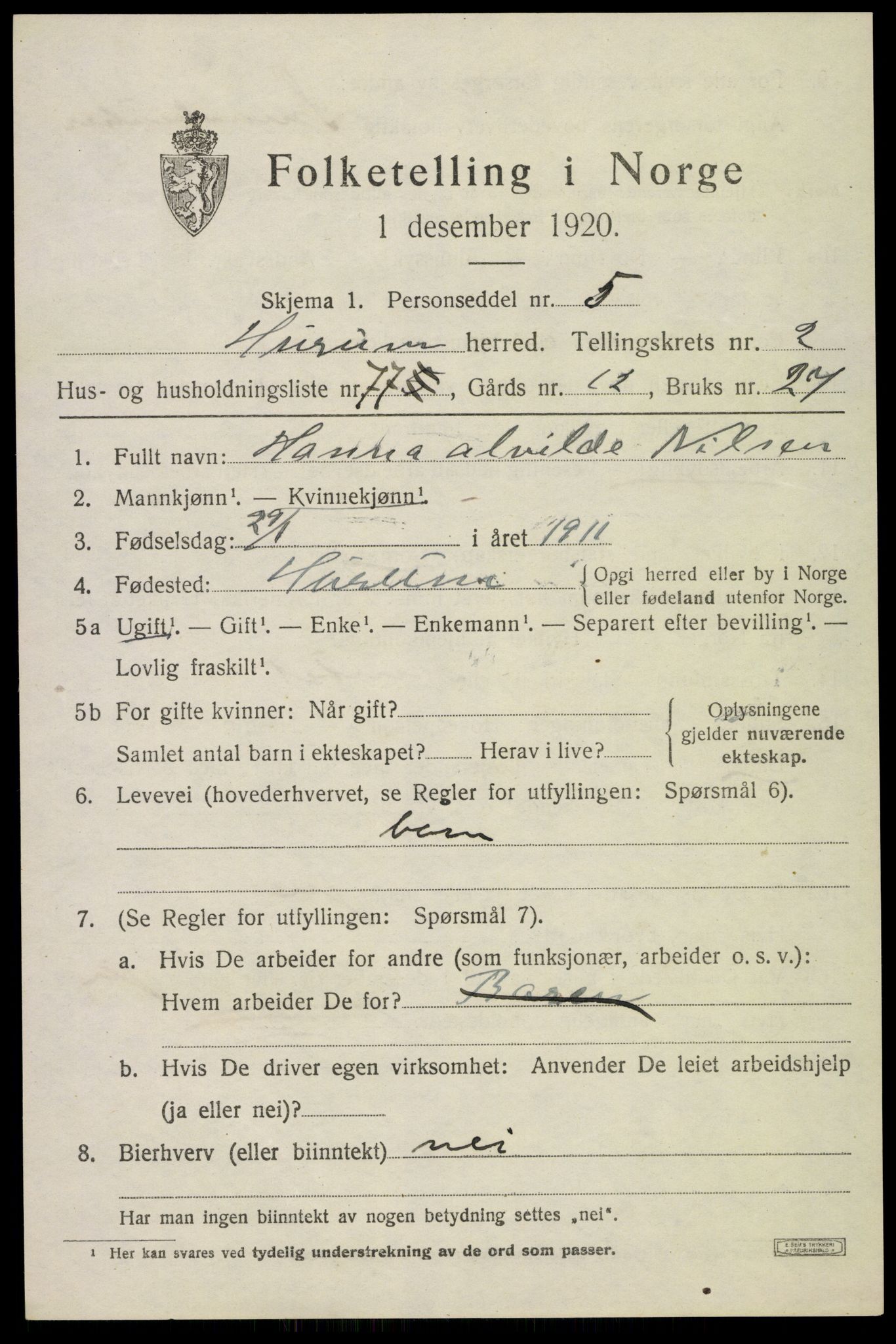 SAKO, Folketelling 1920 for 0628 Hurum herred, 1920, s. 4604