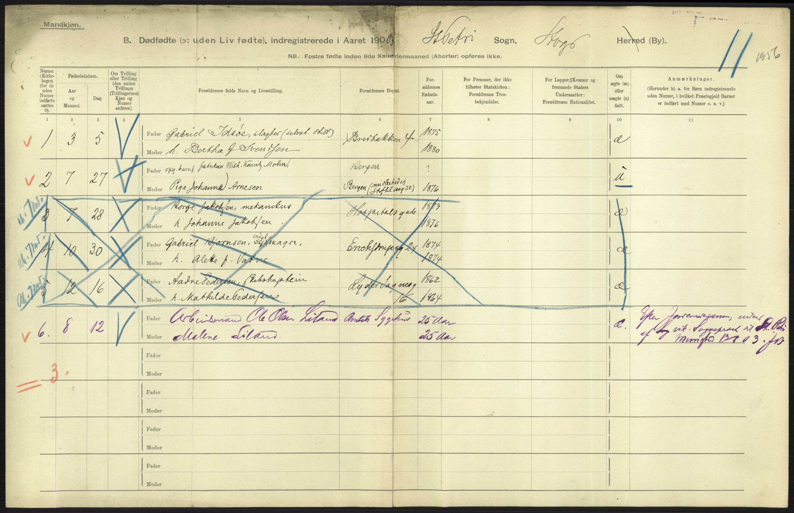 Statistisk sentralbyrå, Sosiodemografiske emner, Befolkning, RA/S-2228/D/Df/Dfa/Dfaa/L0026: Smålenenes - Finnmarkens amt: Dødfødte. Byer., 1903, s. 167