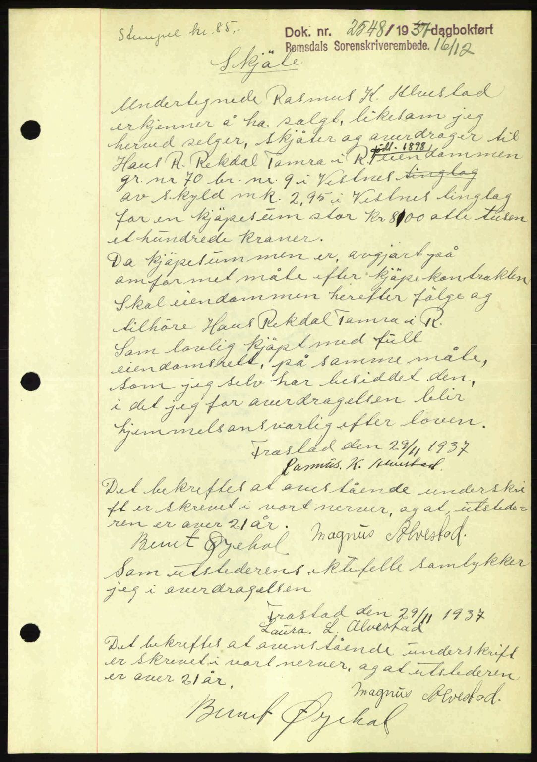 Romsdal sorenskriveri, SAT/A-4149/1/2/2C: Pantebok nr. A4, 1937-1938, Dagboknr: 2548/1937