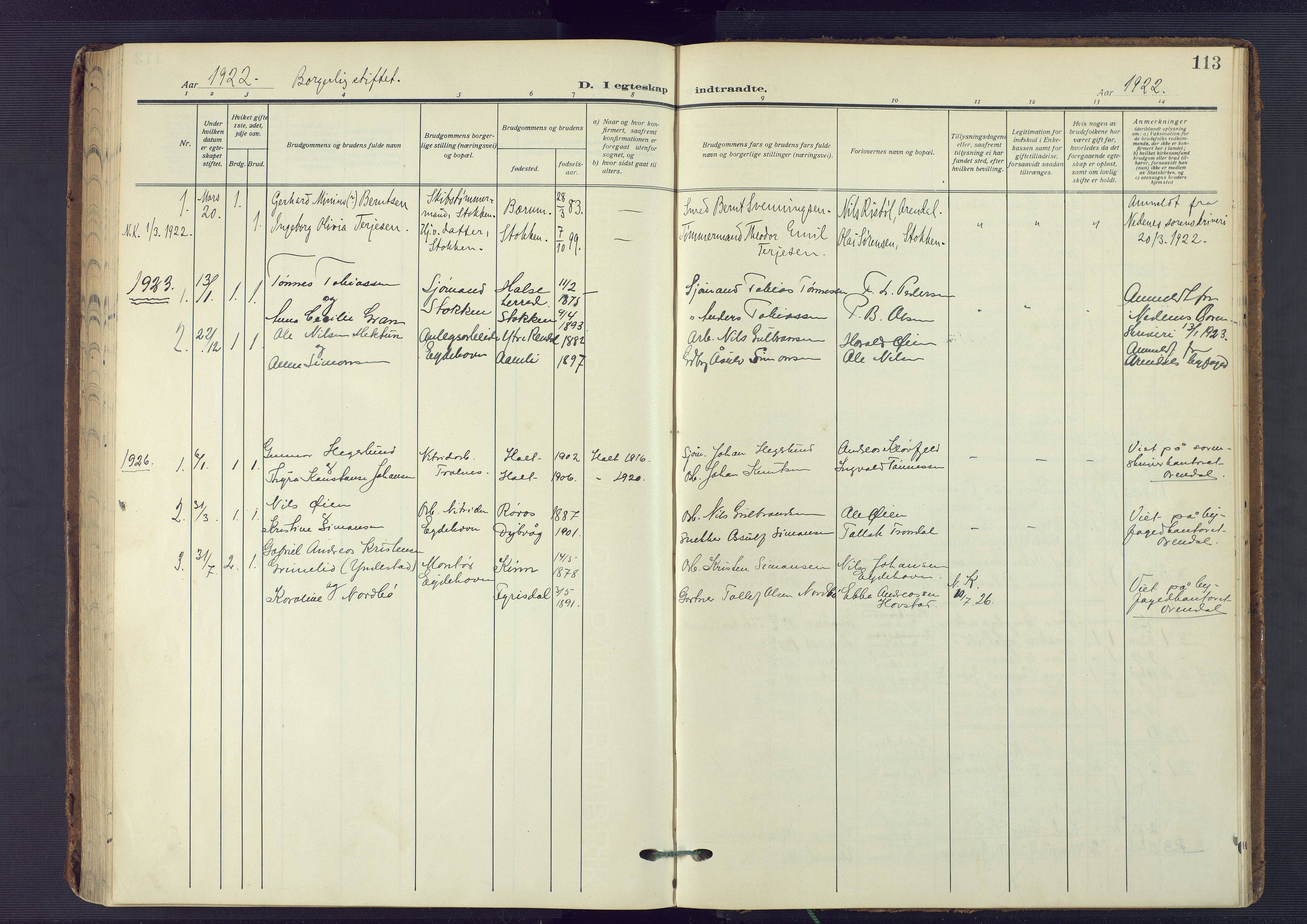 Austre Moland sokneprestkontor, SAK/1111-0001/F/Fa/Fab/L0003: Ministerialbok nr. A 3, 1914-1927, s. 113