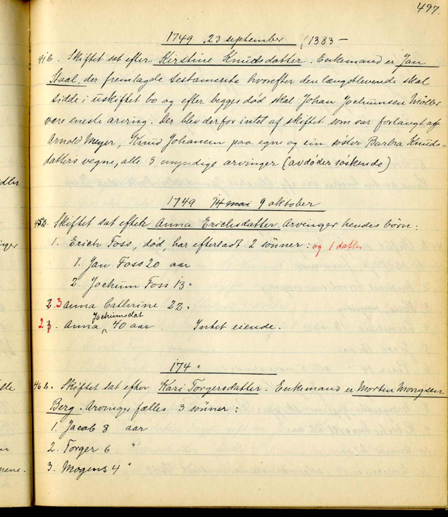 Sollied, Olaf og Thora - samlinger, SAB/SAB/DA-0401/01/L0010/0002: Skifte: Utdrag av skifteprotokoller / 93 Skifteprotokoller: utdrag, 1740-1759, s. 497