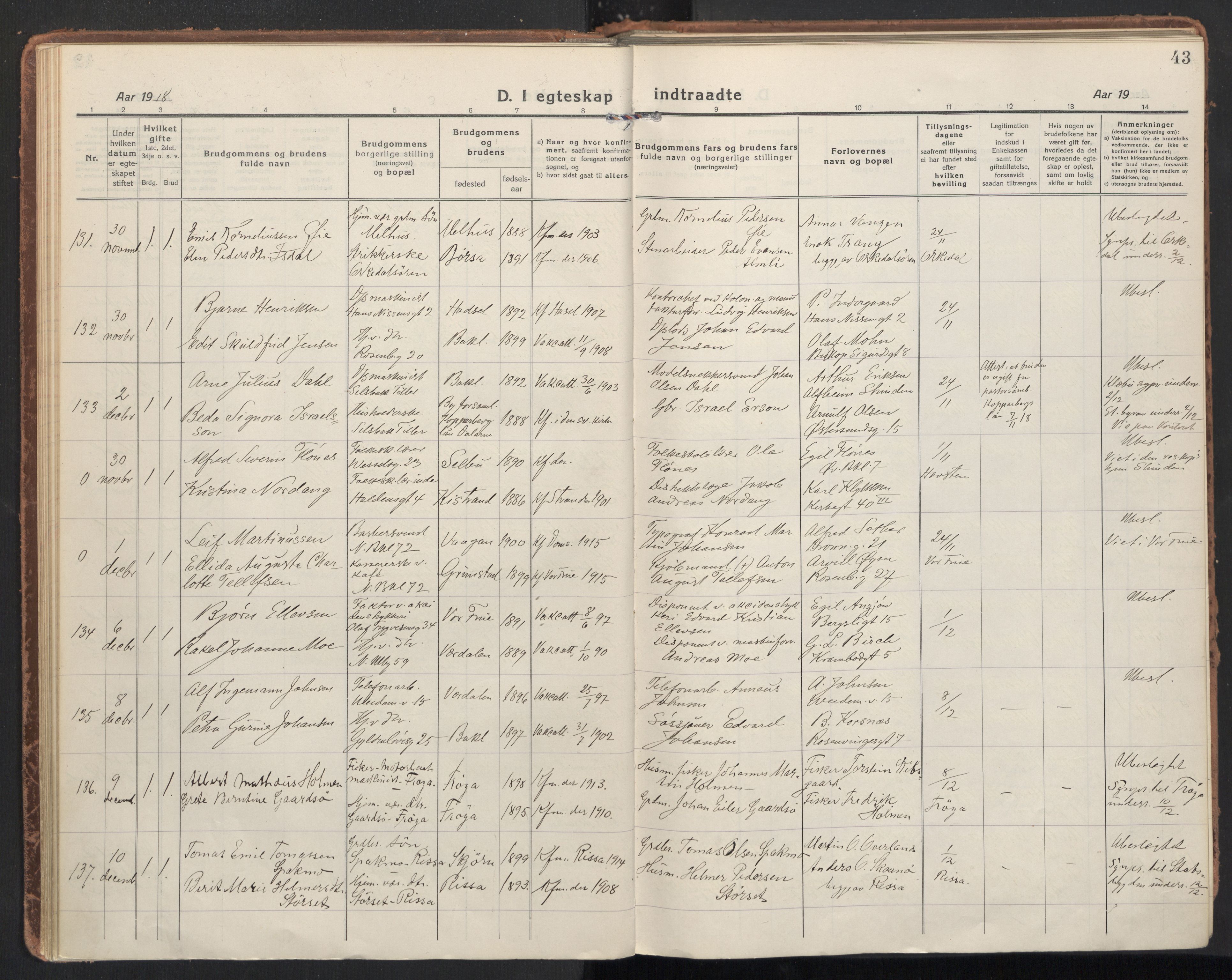 Ministerialprotokoller, klokkerbøker og fødselsregistre - Sør-Trøndelag, AV/SAT-A-1456/604/L0206: Ministerialbok nr. 604A26, 1917-1931, s. 43