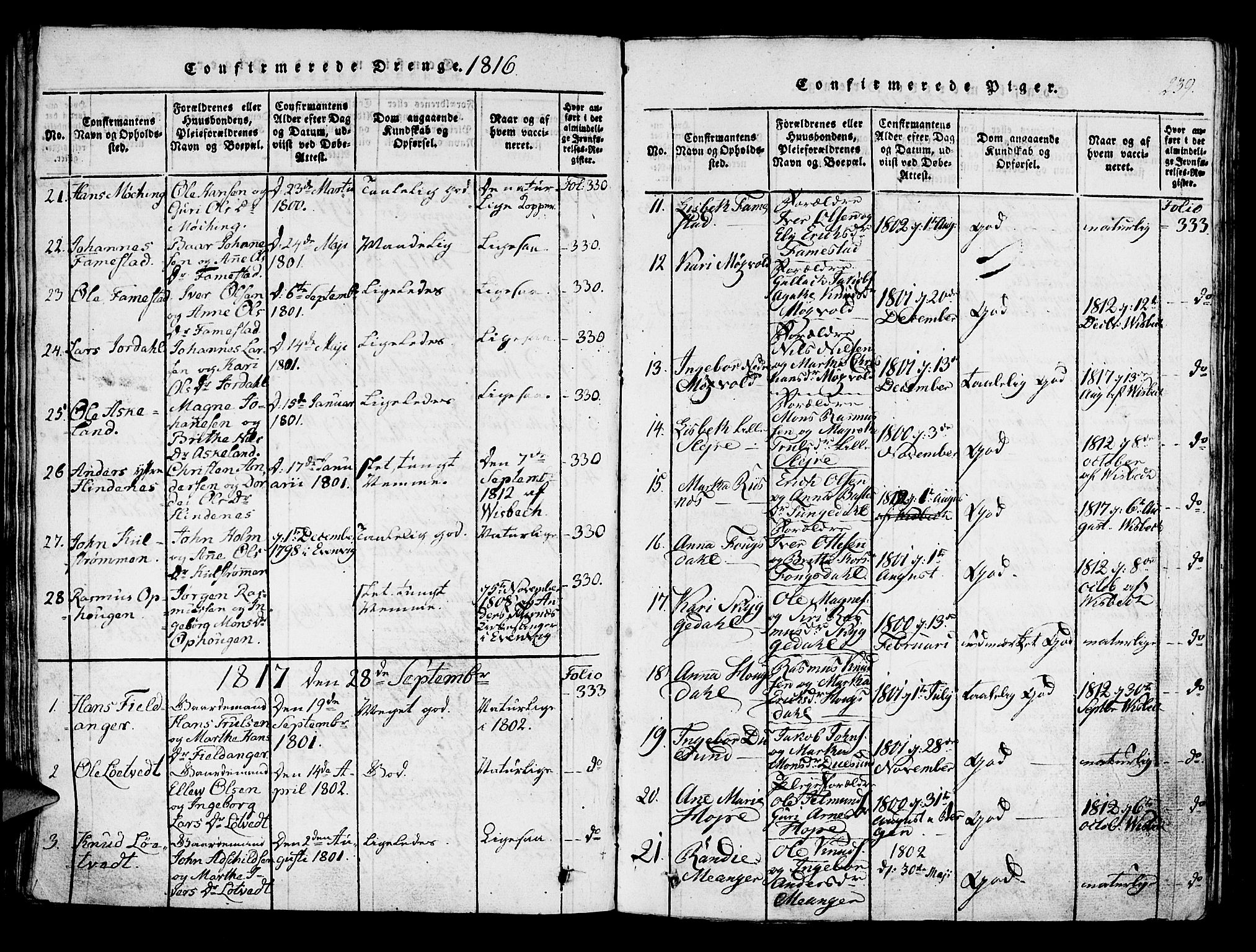 Lindås Sokneprestembete, AV/SAB-A-76701/H/Haa/Haaa/L0007: Ministerialbok nr. A 7, 1816-1823, s. 239
