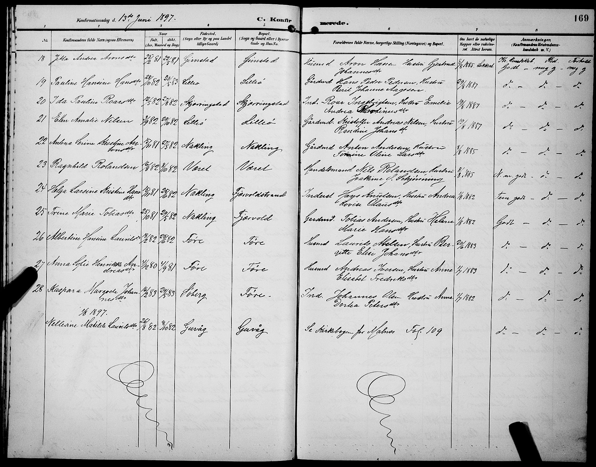 Ministerialprotokoller, klokkerbøker og fødselsregistre - Nordland, AV/SAT-A-1459/891/L1316: Klokkerbok nr. 891C05, 1894-1898, s. 169