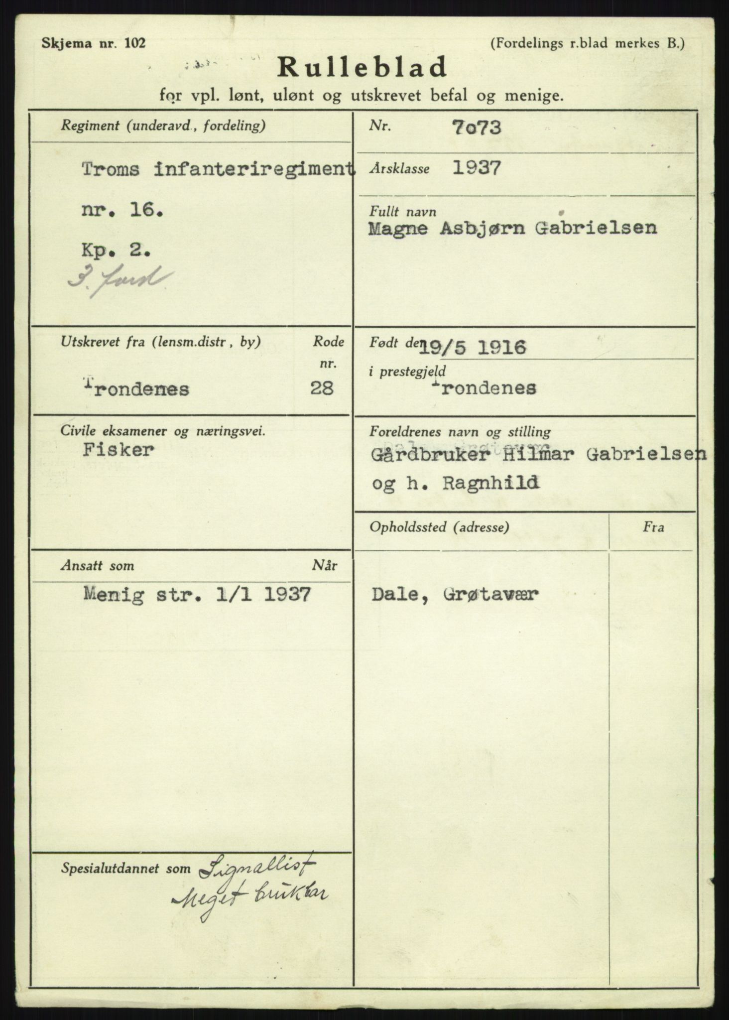 Forsvaret, Troms infanteriregiment nr. 16, AV/RA-RAFA-3146/P/Pa/L0021: Rulleblad for regimentets menige mannskaper, årsklasse 1937, 1937, s. 197