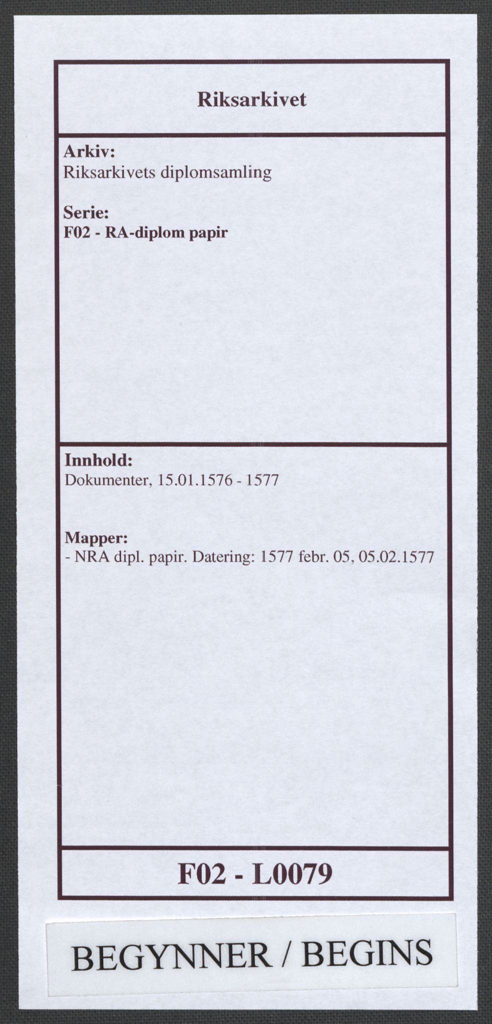 Riksarkivets diplomsamling, RA/EA-5965/F02/L0079: Dokumenter, 1576-1577, s. 1