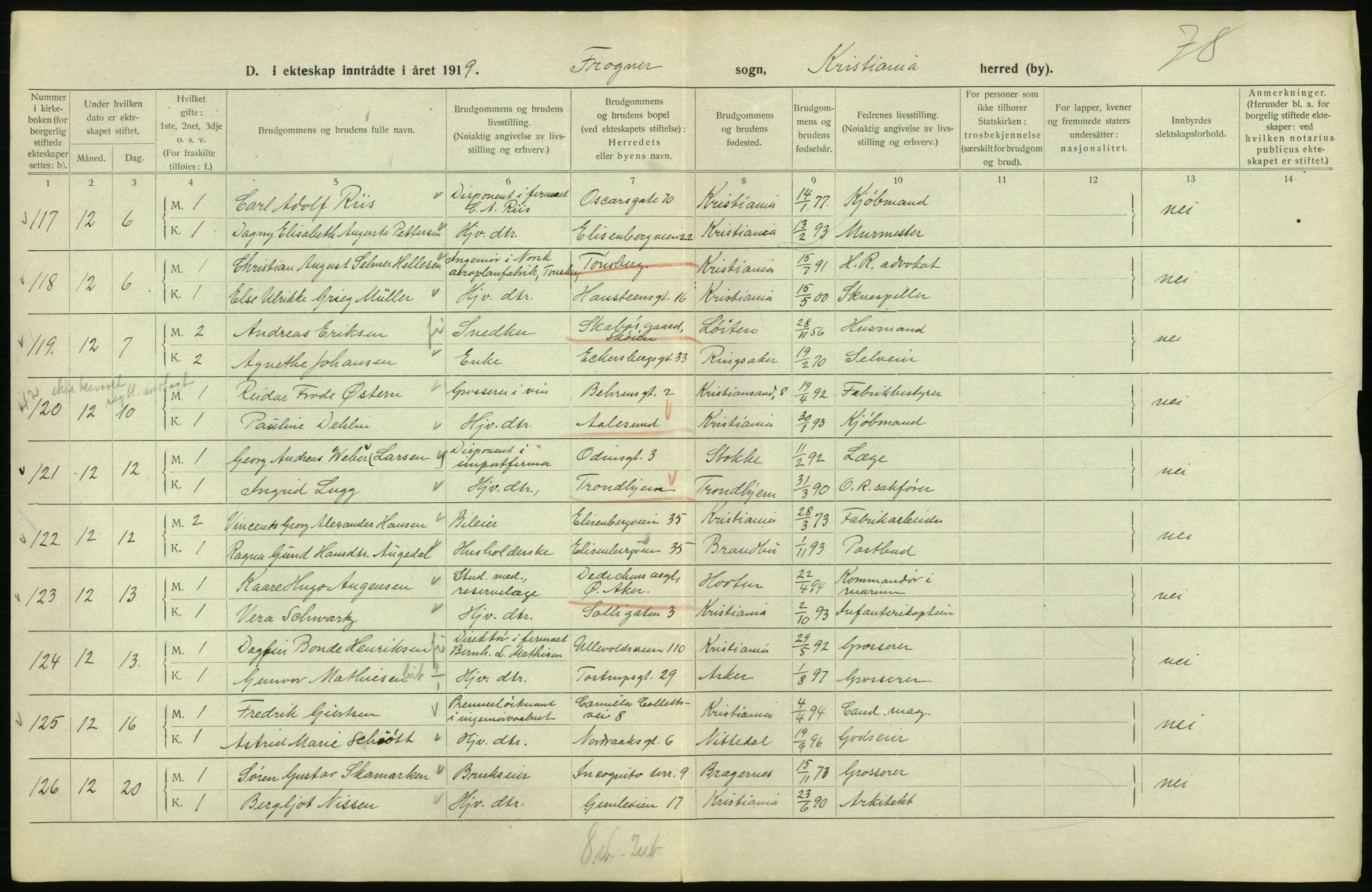 Statistisk sentralbyrå, Sosiodemografiske emner, Befolkning, RA/S-2228/D/Df/Dfb/Dfbi/L0009: Kristiania: Gifte, 1919, s. 202