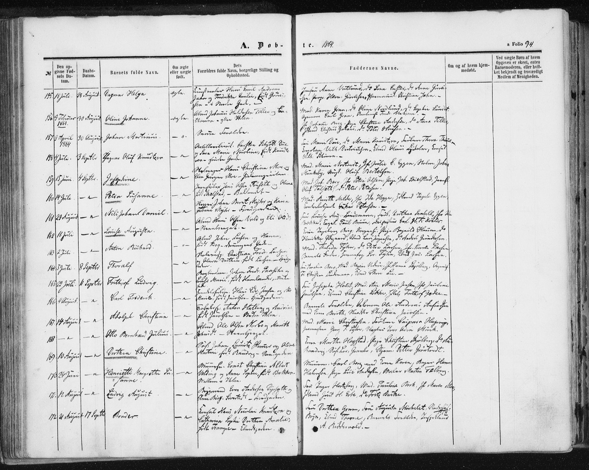 Ministerialprotokoller, klokkerbøker og fødselsregistre - Sør-Trøndelag, SAT/A-1456/602/L0115: Ministerialbok nr. 602A13, 1860-1872, s. 94