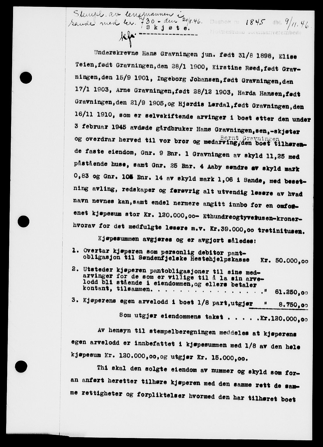 Holmestrand sorenskriveri, SAKO/A-67/G/Ga/Gaa/L0061: Pantebok nr. A-61, 1946-1947, Dagboknr: 1845/1946