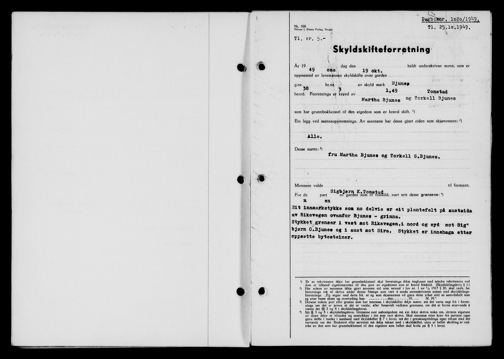 Flekkefjord sorenskriveri, AV/SAK-1221-0001/G/Gb/Gba/L0065: Pantebok nr. A-13, 1949-1949, Dagboknr: 1020/1949