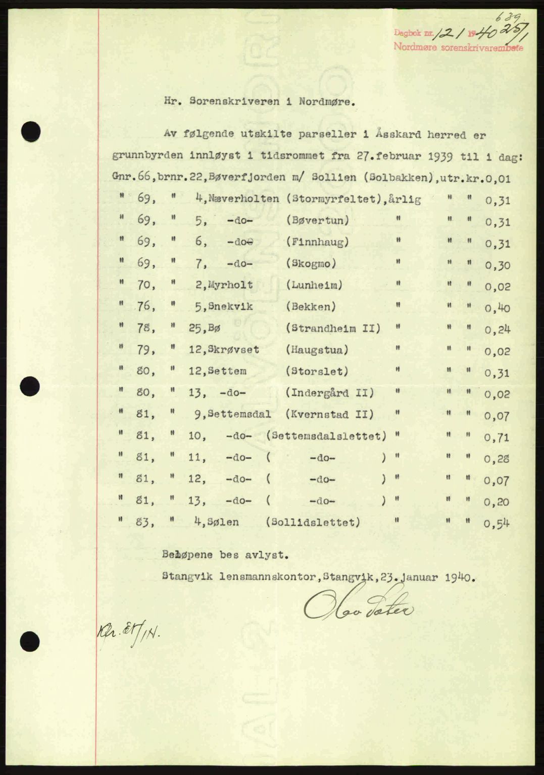 Nordmøre sorenskriveri, AV/SAT-A-4132/1/2/2Ca: Pantebok nr. B86, 1939-1940, Dagboknr: 121/1940