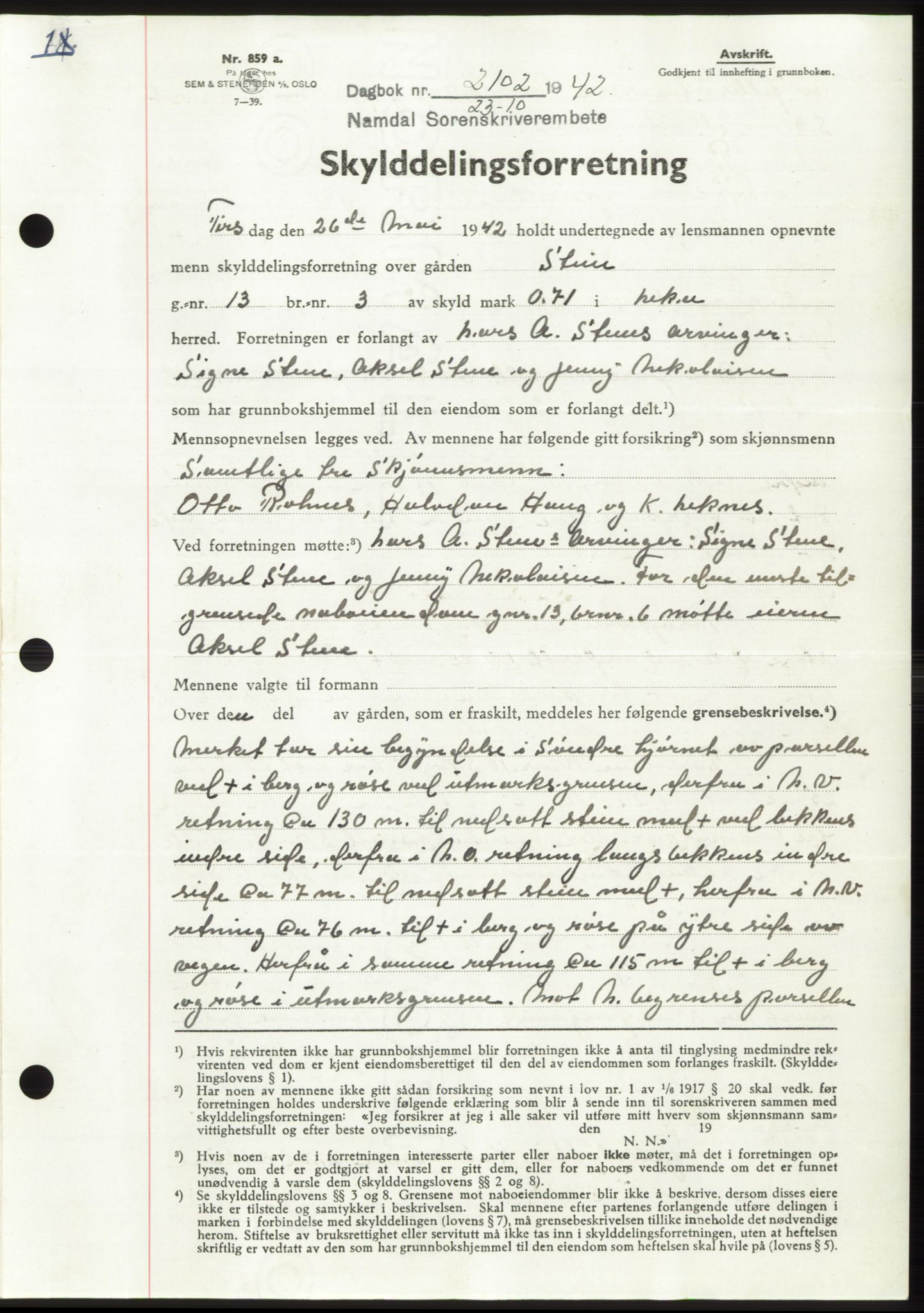 Namdal sorenskriveri, SAT/A-4133/1/2/2C: Pantebok nr. -, 1942-1943, Dagboknr: 2102/1942