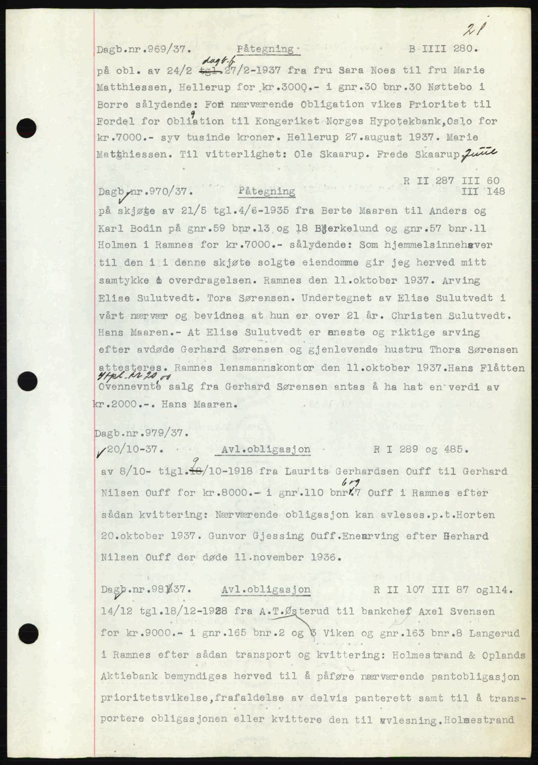 Horten sorenskriveri, SAKO/A-133/G/Ga/Gab/L0001: Pantebok nr. B-1 - B-2, 1936-1938, Dagboknr: 969/1937